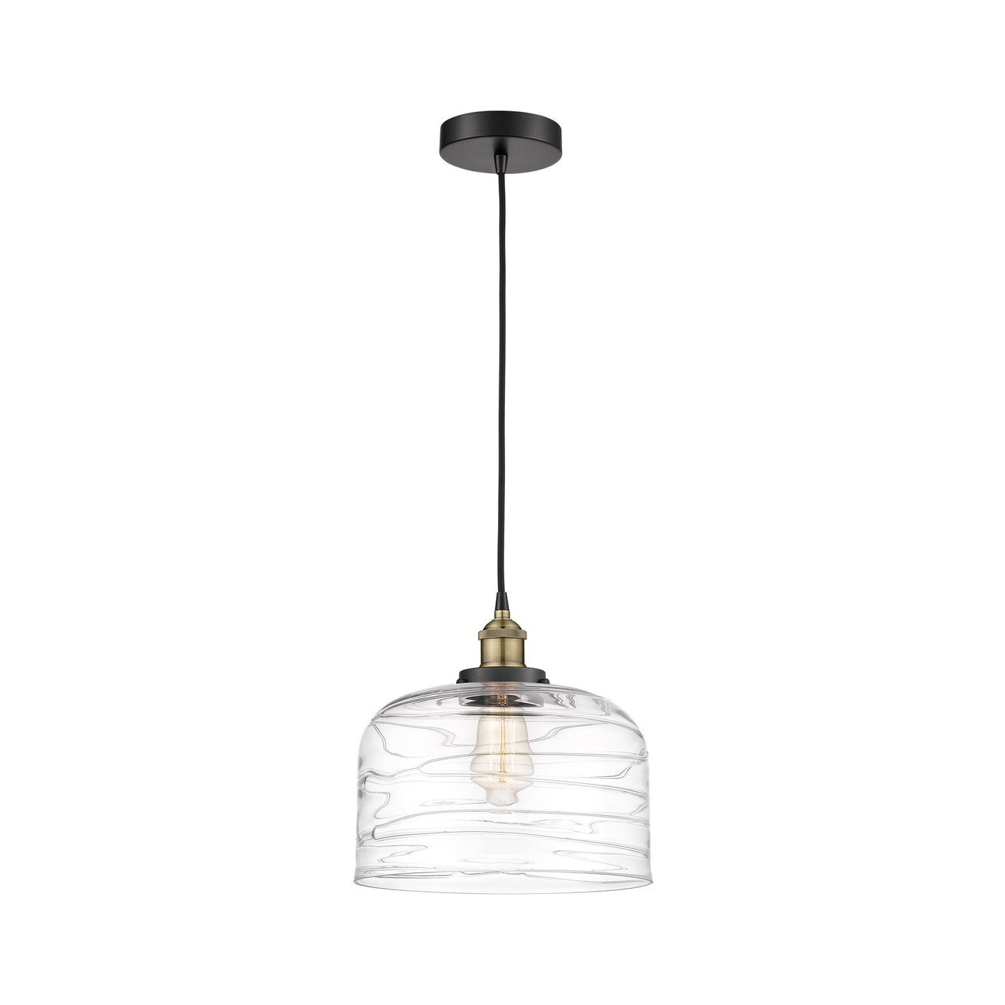Innovations Bell 12in 1-Light Mini Pendant | Industrial Black Antique Brass and Clear Deco Swirl Glass | Kitchen Island & | Model 616-1PH-BAB-G713-L