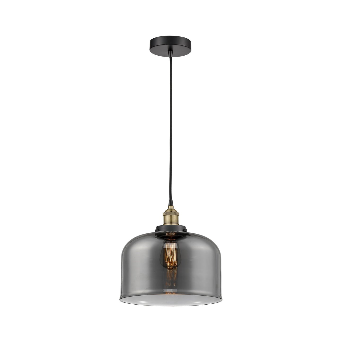 Innovations Bell 11.5in 1-Light Mini Pendant | Industrial Black Antique Brass Steel and Light Smoke Glass | Kitchen Island & | Model 616-1PH-BAB-G73-L