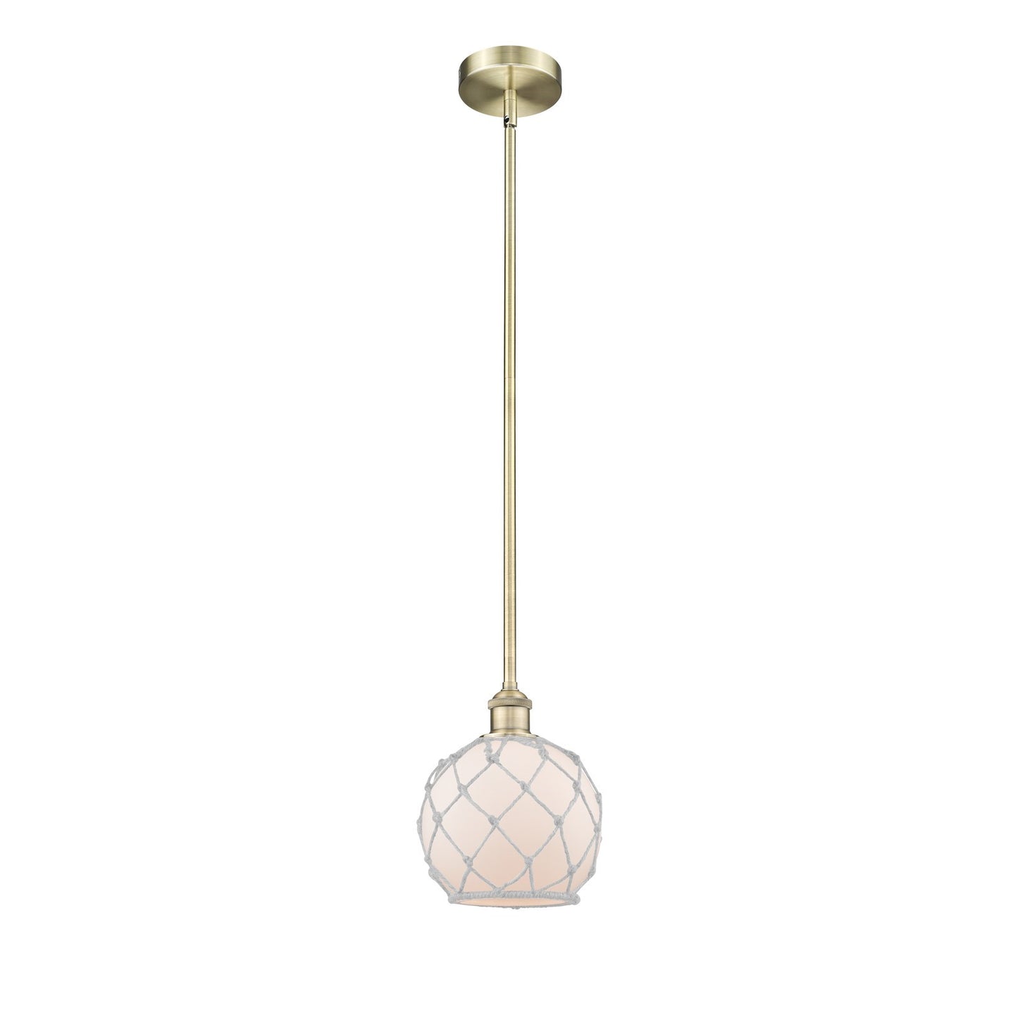 Innovations Farmhouse Rope 8in 1-Light Mini Pendant | Industrial Antique Brass Steel and White Frosted Glass with Rope | Model 616-1S-AB-G121-8RW