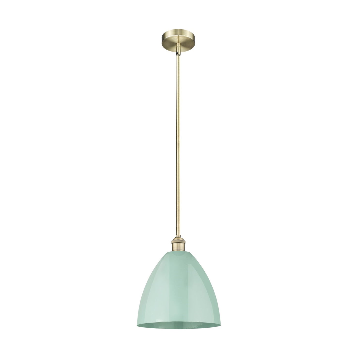 Innovations Plymouth 12in 1-Light Mini Pendant | Industrial Antique Brass Steel and Matte Seafoam Metal | Kitchen Island & | Model 616-1S-AB-MBD-12-SF-LED