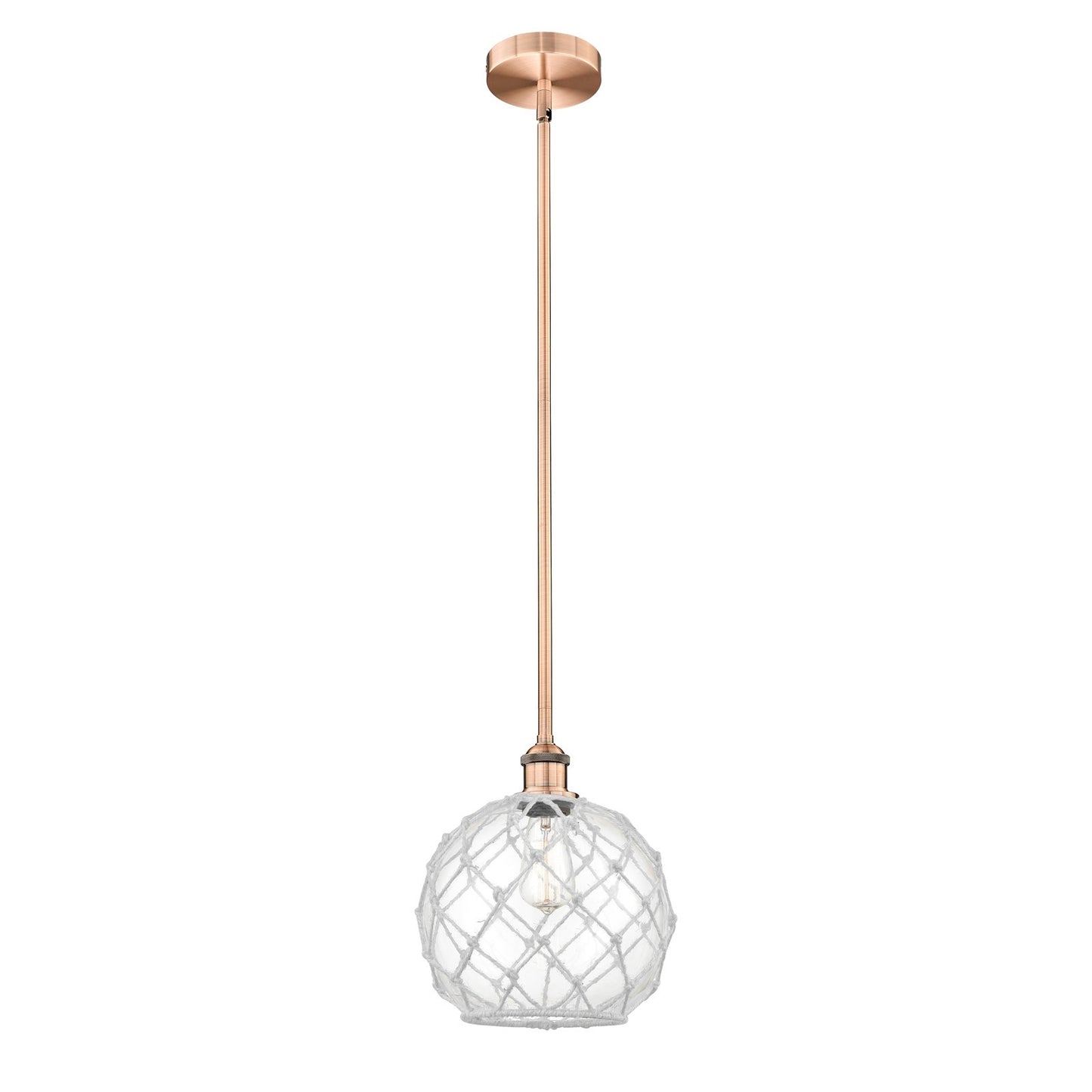 Innovations Farmhouse Rope 10in 1-Light Mini Pendant | Industrial Antique Copper Steel and Clear Glass with White Rope | Model 616-1S-AC-G122-10RW