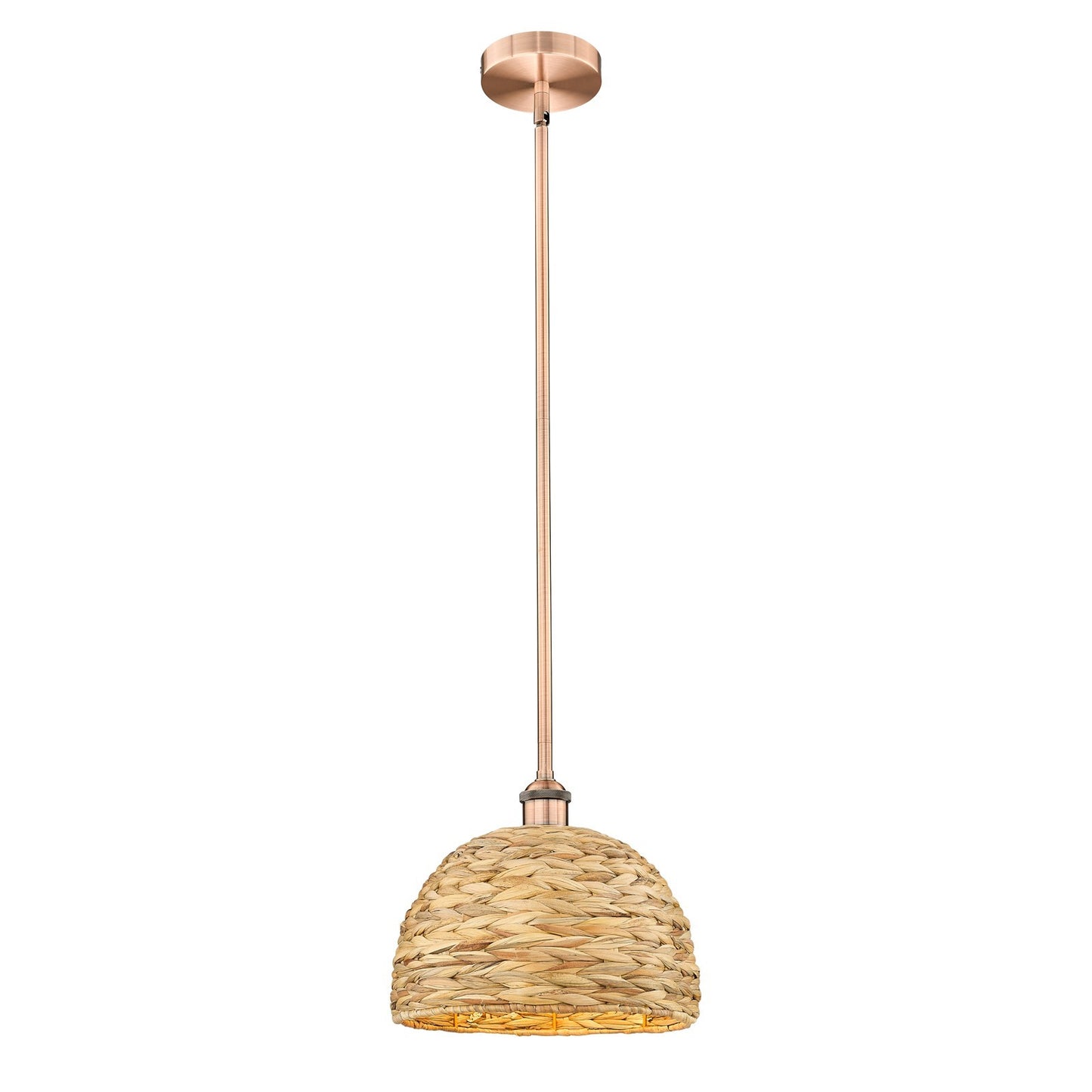 Innovations Woven Rattan 12in 1-Light Mini Pendant | Industrial Antique Copper Steel and Natural Rattan | Kitchen Island & | Model 616-1S-AC-RBD-12-NAT