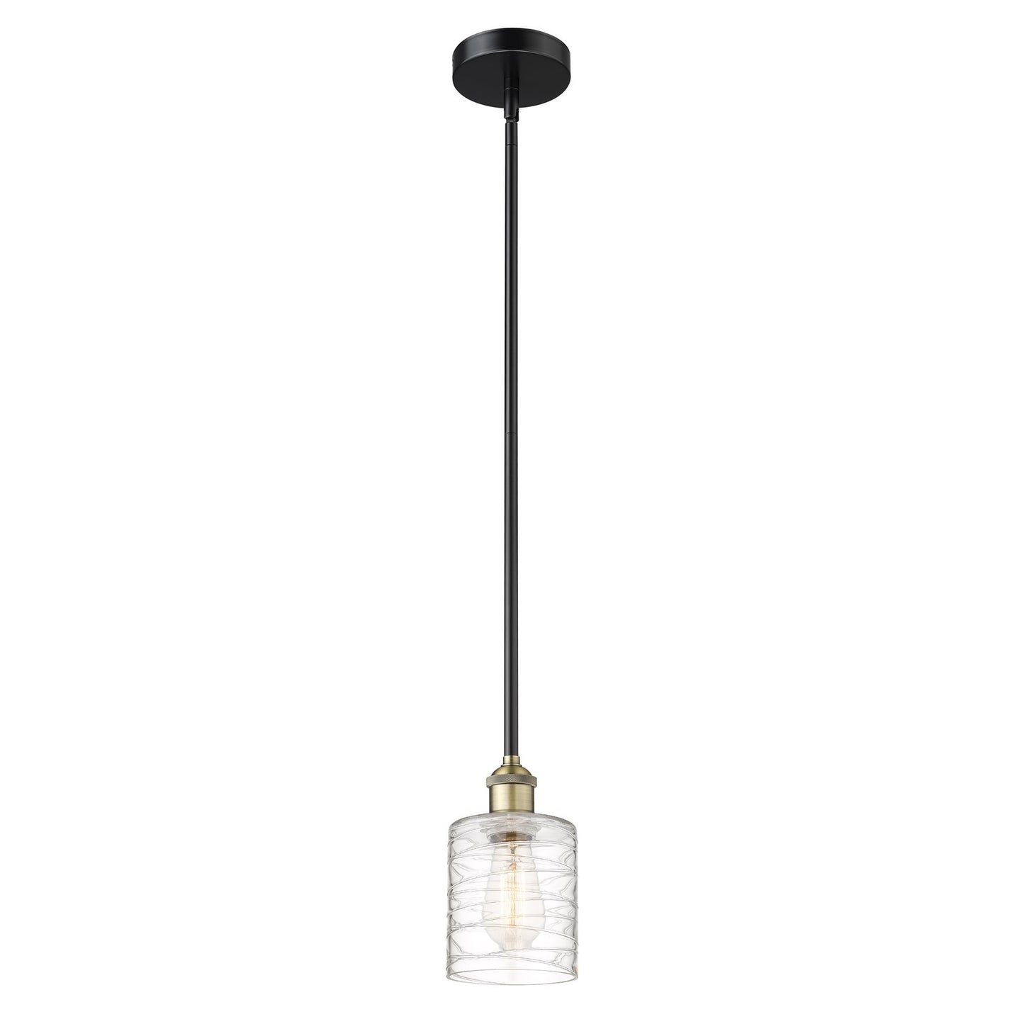 Innovations Cobbleskill 5in 1-Light Mini Pendant | Industrial Black Antique Brass Steel and Deco Swirl Clear Glass | Kitchen | Model 616-1S-BAB-G1113
