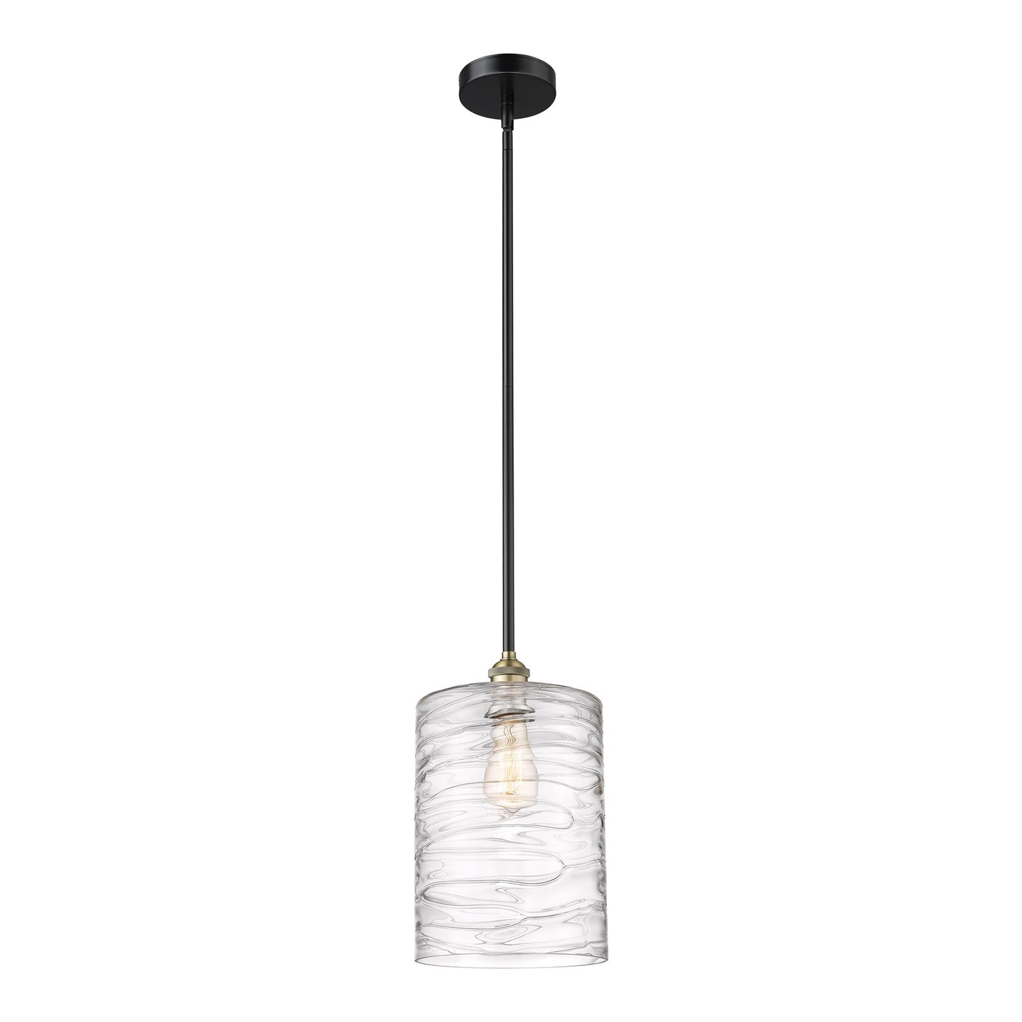 Innovations Cobbleskill 9in 1-Light Mini Pendant | Industrial Black Antique Brass Steel and Deco Swirl Clear Glass | Kitchen | Model 616-1S-BAB-G1113-L