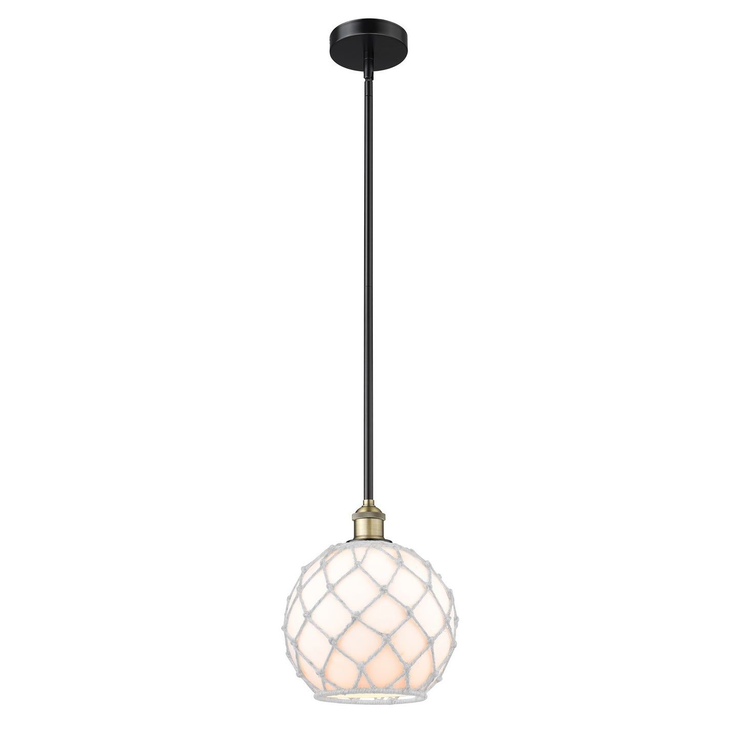 Innovations Farmhouse Rope 10in 1-Light Mini Pendant | Industrial Black Antique Brass Steel and White Glass with White Rope | Model 616-1S-BAB-G121-10RW
