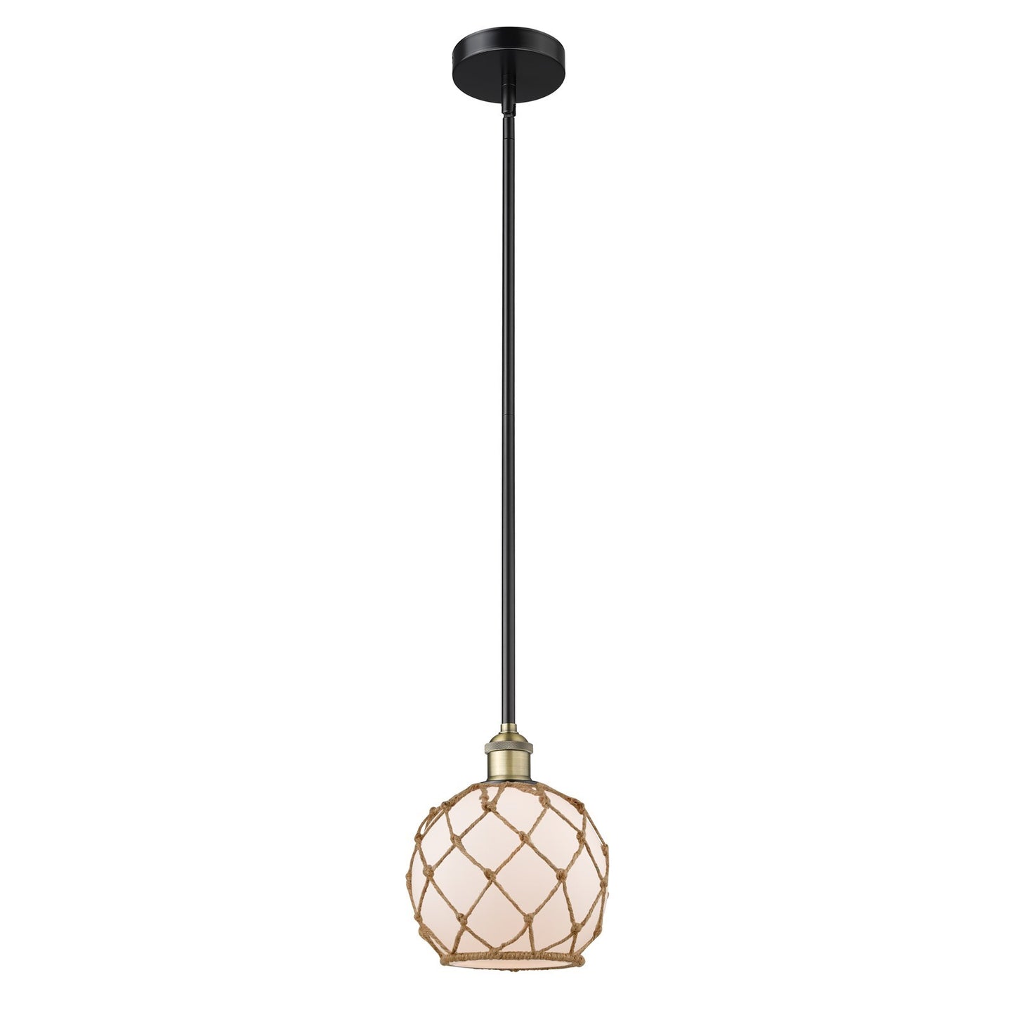 Innovations Farmhouse Rope 8in 1-Light Mini Pendant | Industrial Black Antique Brass and White Frosted Glass with Brown Rope | Model 616-1S-BAB-G121-8RB
