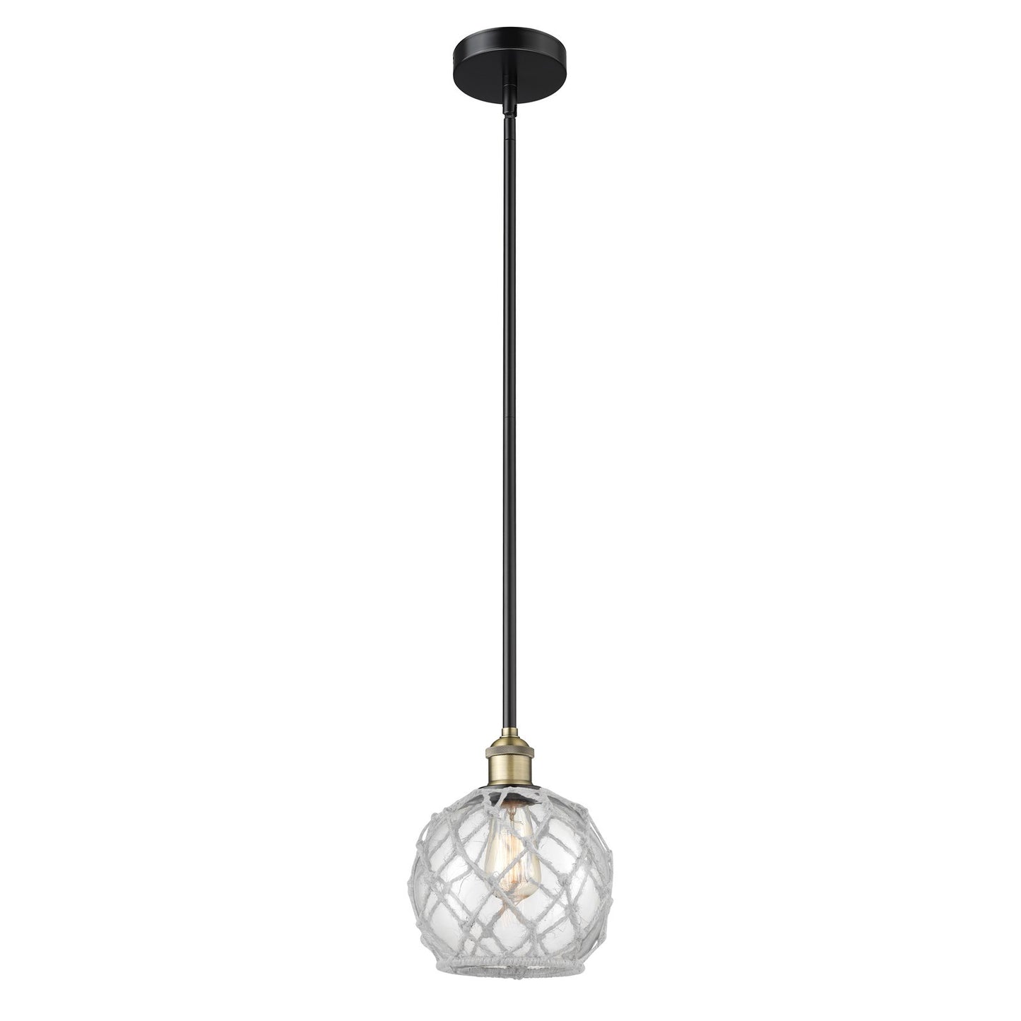 Innovations Farmhouse Rope 8in 1-Light Mini Pendant | Industrial Black Antique Brass and Clear Glass with White Rope | Kitchen | Model 616-1S-BAB-G122-8RW