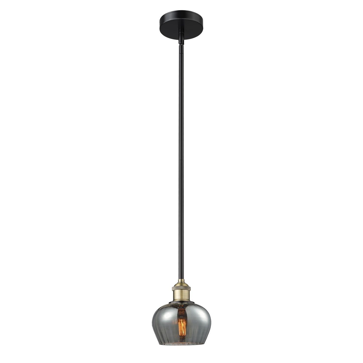 Innovations Fenton 7in 1-Light Mini Pendant | Industrial Black Antique Brass Steel and Light Smoke Ribbed Glass | Kitchen Island & | Model 616-1S-BAB-G93