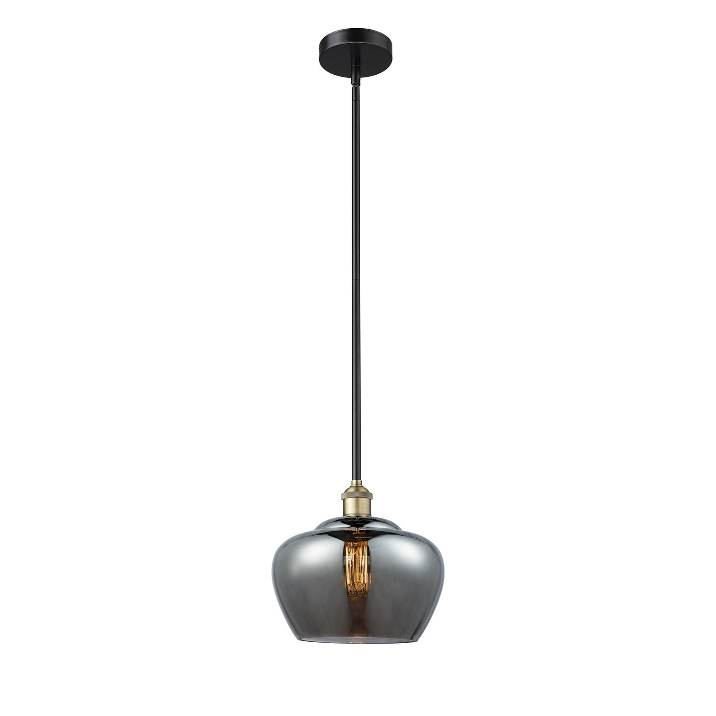 Innovations Fenton 11in 1-Light Mini Pendant | Industrial Black Antique Brass Steel and Light Smoke Ribbed Glass | Kitchen Island | Model 616-1S-BAB-G93-L
