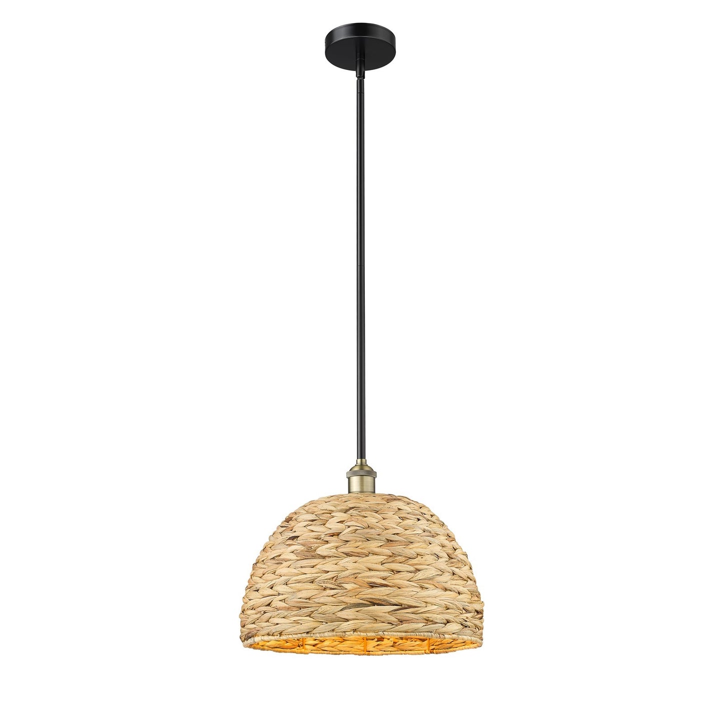 Innovations Woven Rattan 16in 1-Light Mini Pendant | Industrial Black Antique Brass and Natural Fiber Dome Shade | Kitchen | Model 616-1S-BAB-RBD-16-NAT