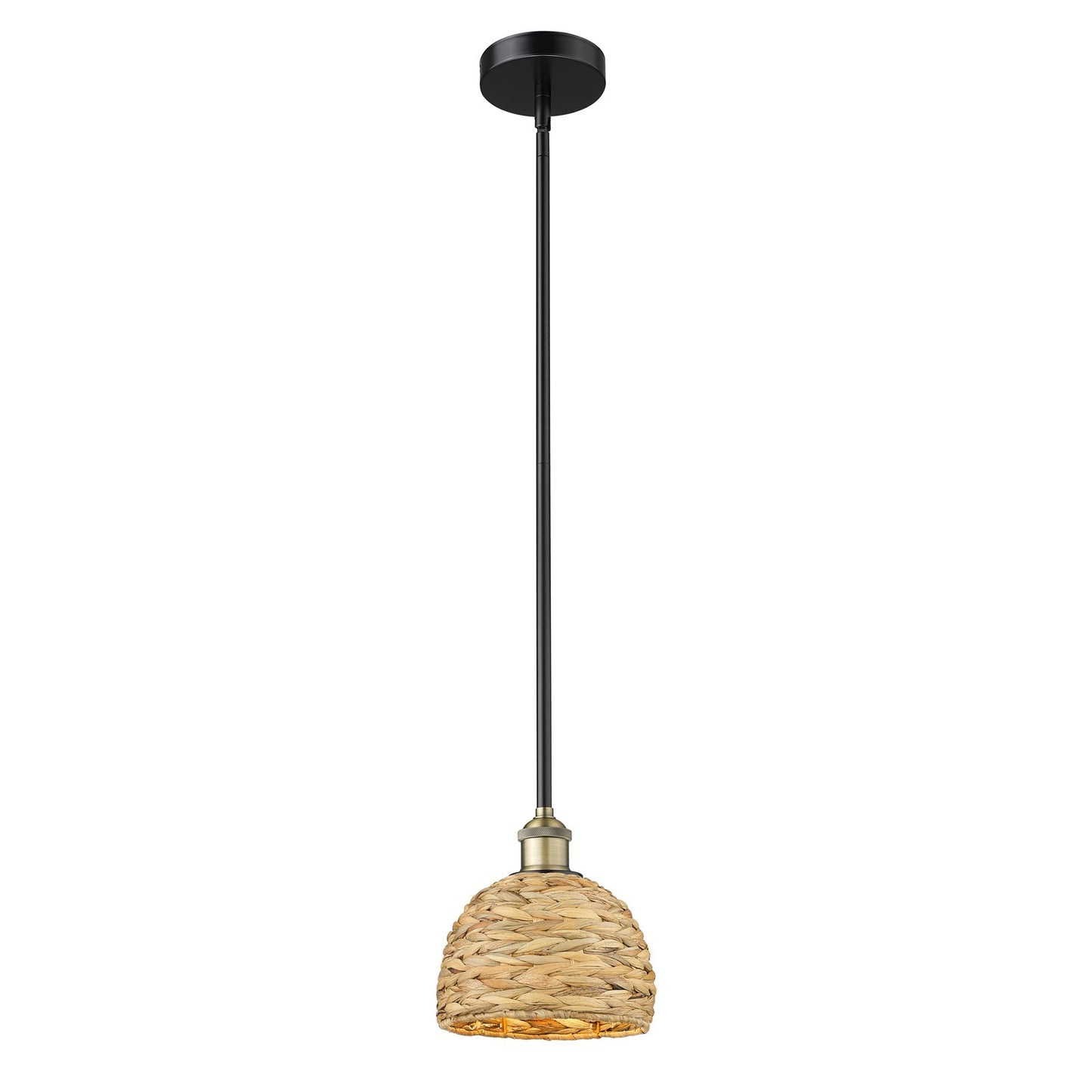 Innovations Woven Rattan 8in 1-Light Mini Pendant | Rustic Black Antique Brass and Natural Woven Rattan | Kitchen Island & | Model 616-1S-BAB-RBD-8-NAT