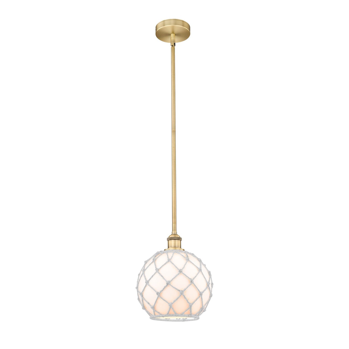 Innovations Farmhouse Rope 10in 1-Light Mini Pendant | Industrial Brushed Brass Steel and White Glass with Rope | Kitchen | Model 616-1S-BB-G121-10RW-LED