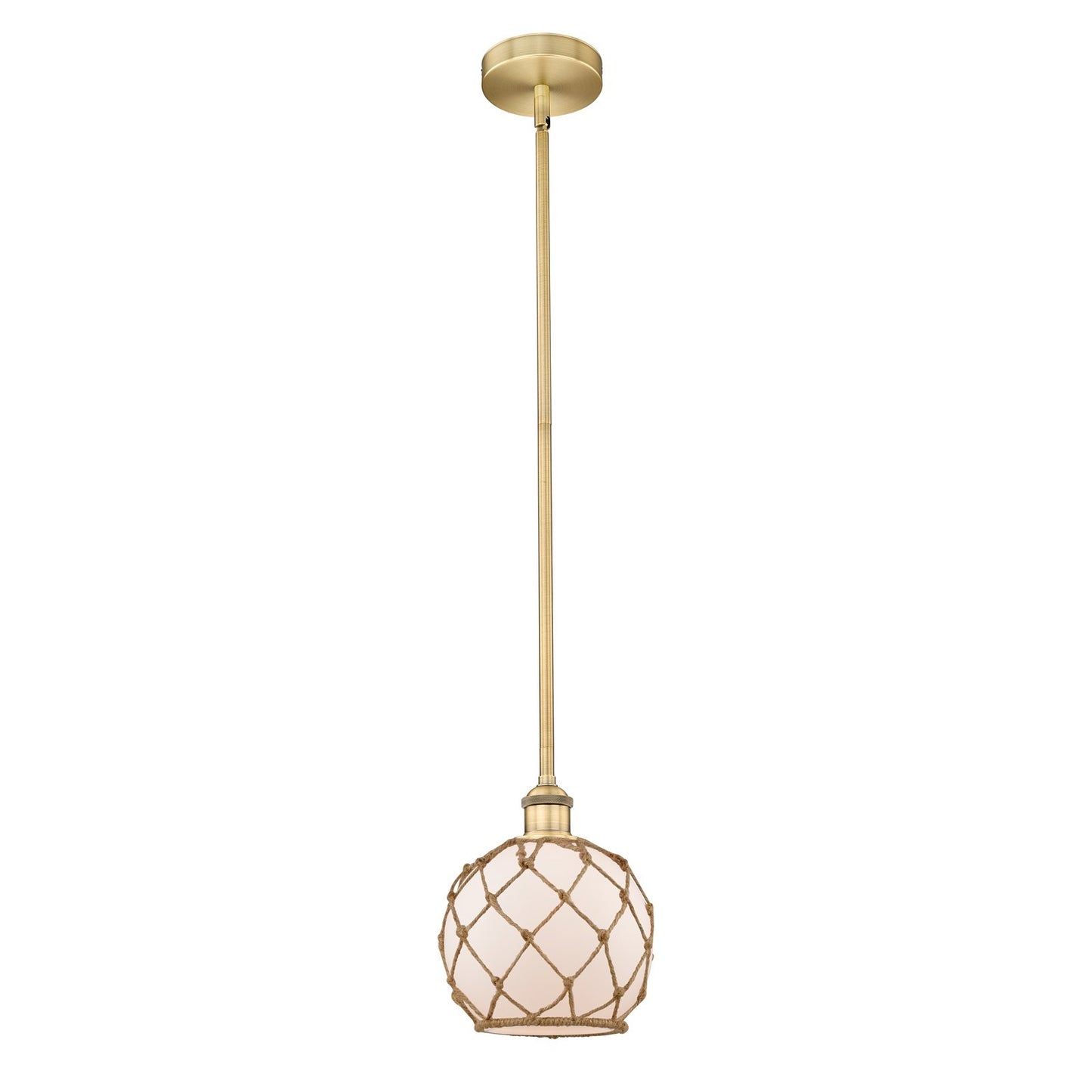 Innovations Farmhouse Rope 8in 1-Light Mini Pendant | Industrial Brushed Brass and White Glass with Brown Rope | Kitchen | Model 616-1S-BB-G121-8RB-LED