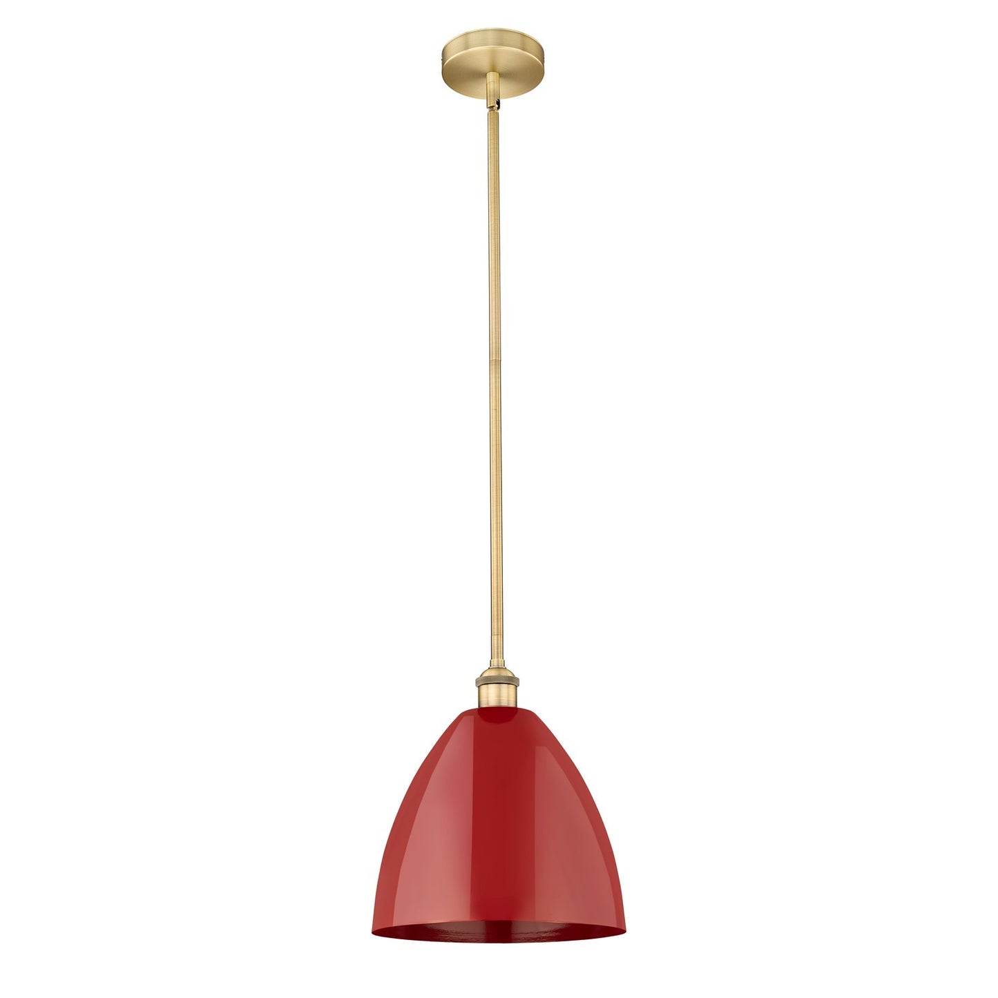 Innovations Plymouth 12in 1-Light Mini Pendant | Industrial Brushed Brass Steel and Matte Red Metal Shade | Kitchen Island & | Model 616-1S-BB-MBD-12-RD