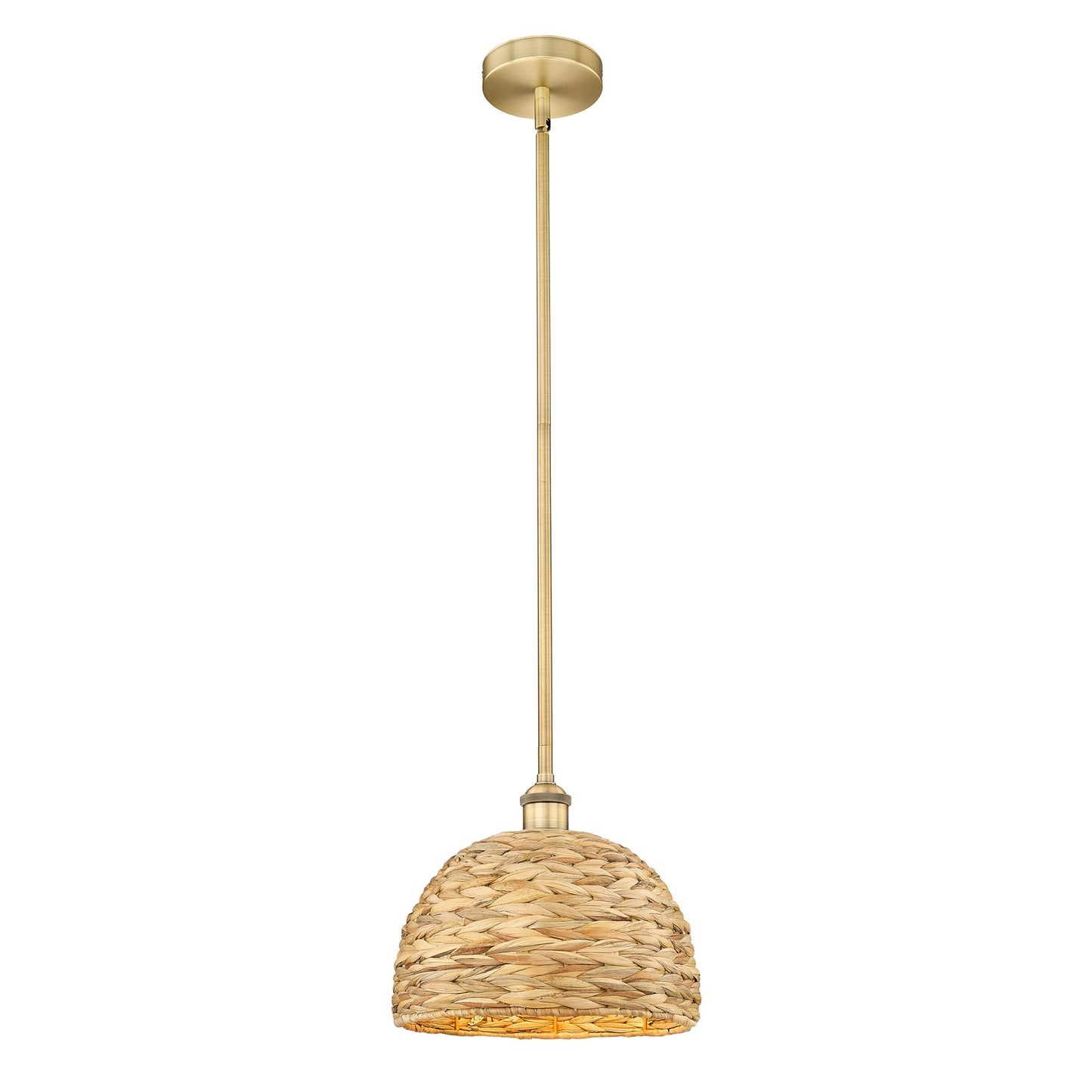 Innovations Woven Rattan 12in 1-Light Mini Pendant | Industrial Brushed Brass and Natural Fiber Dome Shade | Kitchen Island & | Model 616-1S-BB-RBD-12-NAT