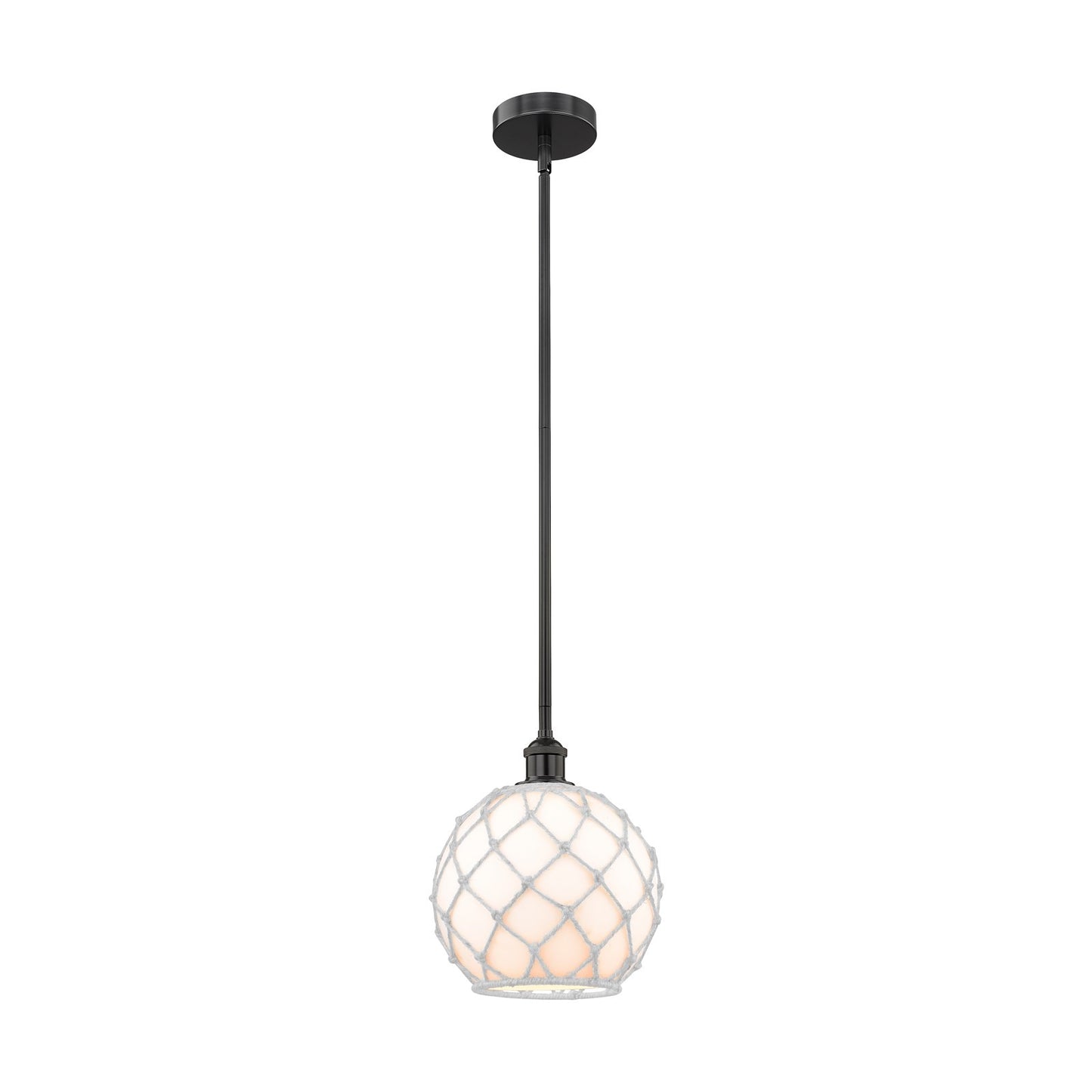 Innovations Farmhouse Rope 10in 1-Light Mini Pendant | Industrial Matte Black Steel and White Glass with Rope Shade | Model 616-1S-BK-G121-10RW-LED