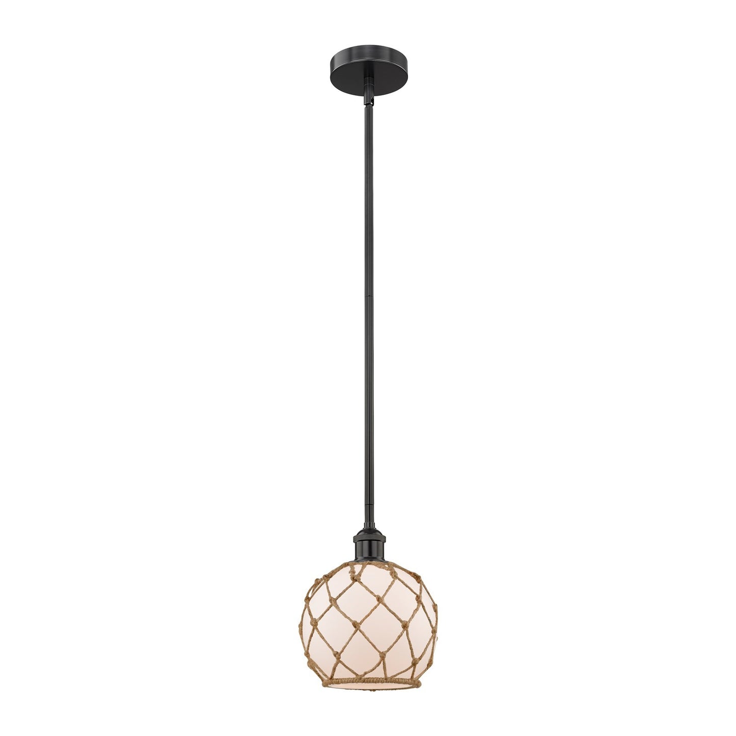 Innovations Farmhouse Rope 8in 1-Light Mini Pendant | Industrial Matte Black Steel and White Frosted Glass with Brown Rope | Model 616-1S-BK-G121-8RB-LED