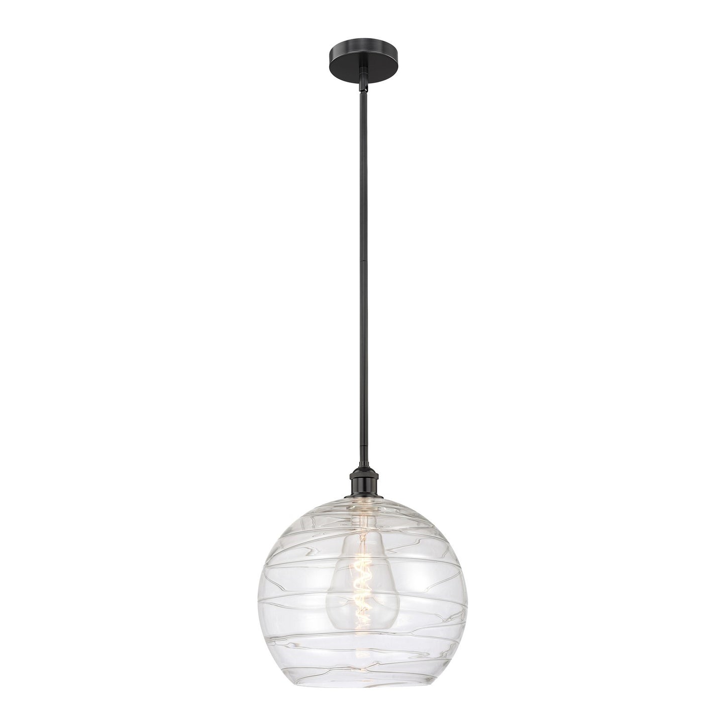 Innovations Athens Deco Swirl 14in 1-Light Mini Pendant | Industrial Matte Black Steel and Clear Deco Swirl Glass | Kitchen | Model 616-1S-BK-G1213-14CL