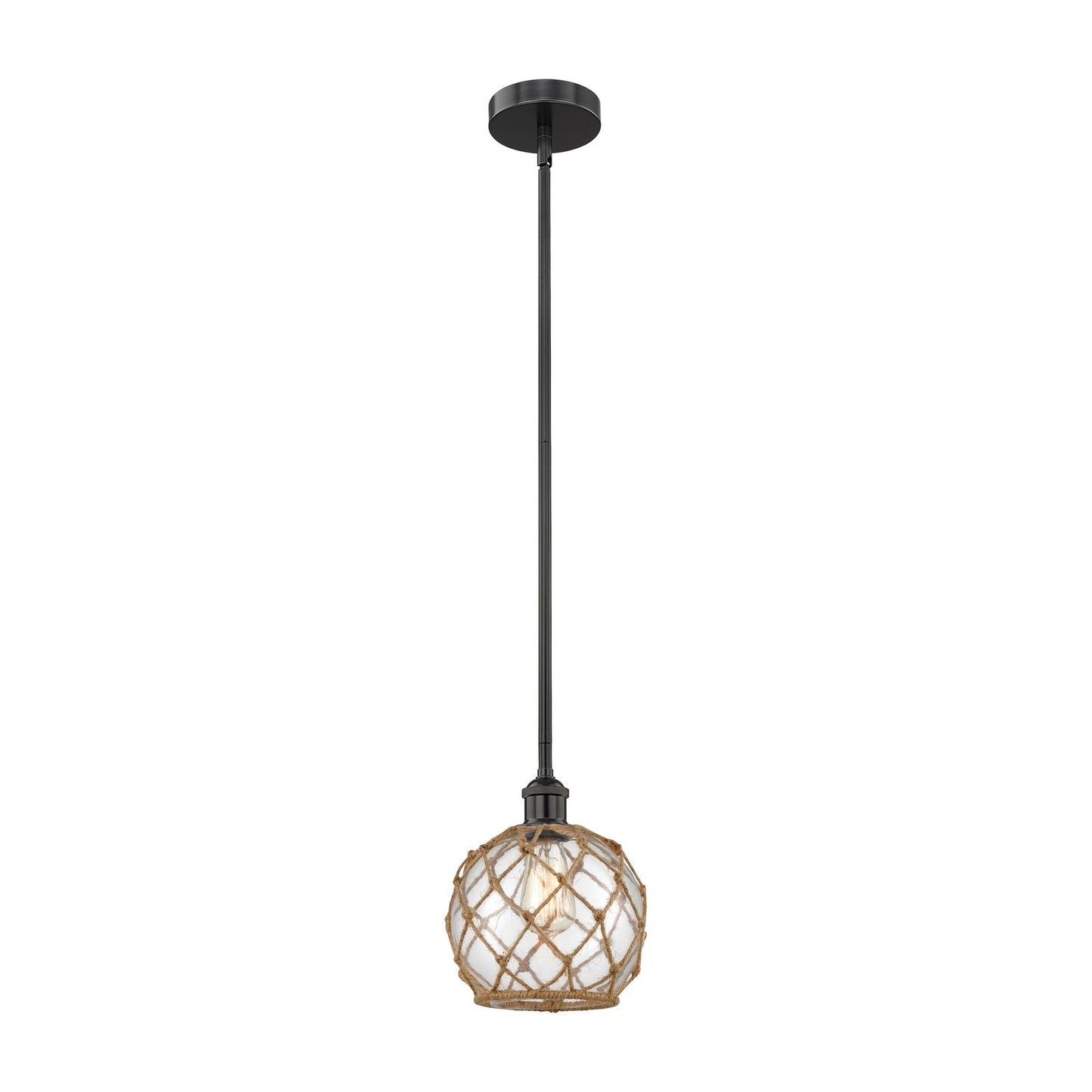 Innovations Farmhouse Rope 8in 1-Light Mini Pendant | Industrial Matte Black Steel and Clear Glass with Brown Rope | Model 616-1S-BK-G122-8RB-LED