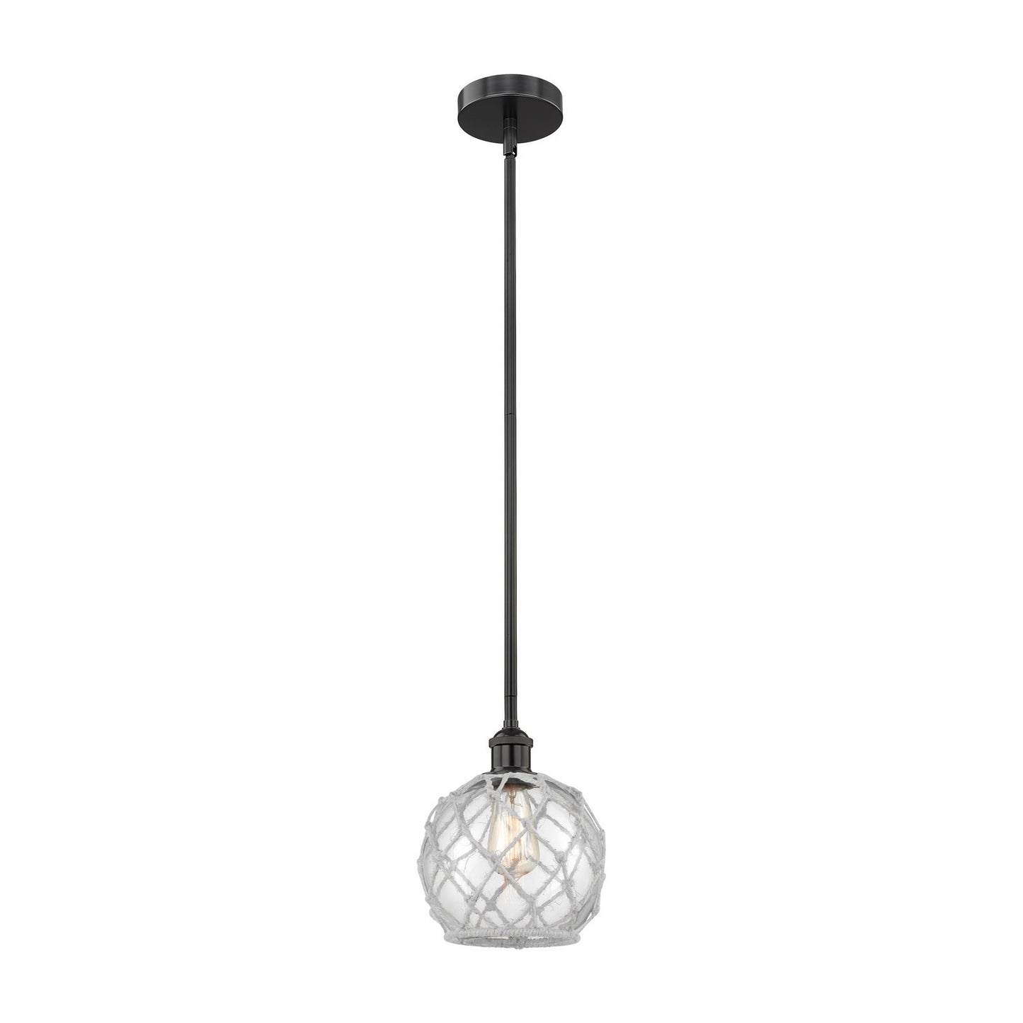 Innovations Farmhouse Rope 8in 1-Light Mini Pendant | Industrial Matte Black Steel and Clear Glass with White Rope | Model 616-1S-BK-G122-8RW-LED