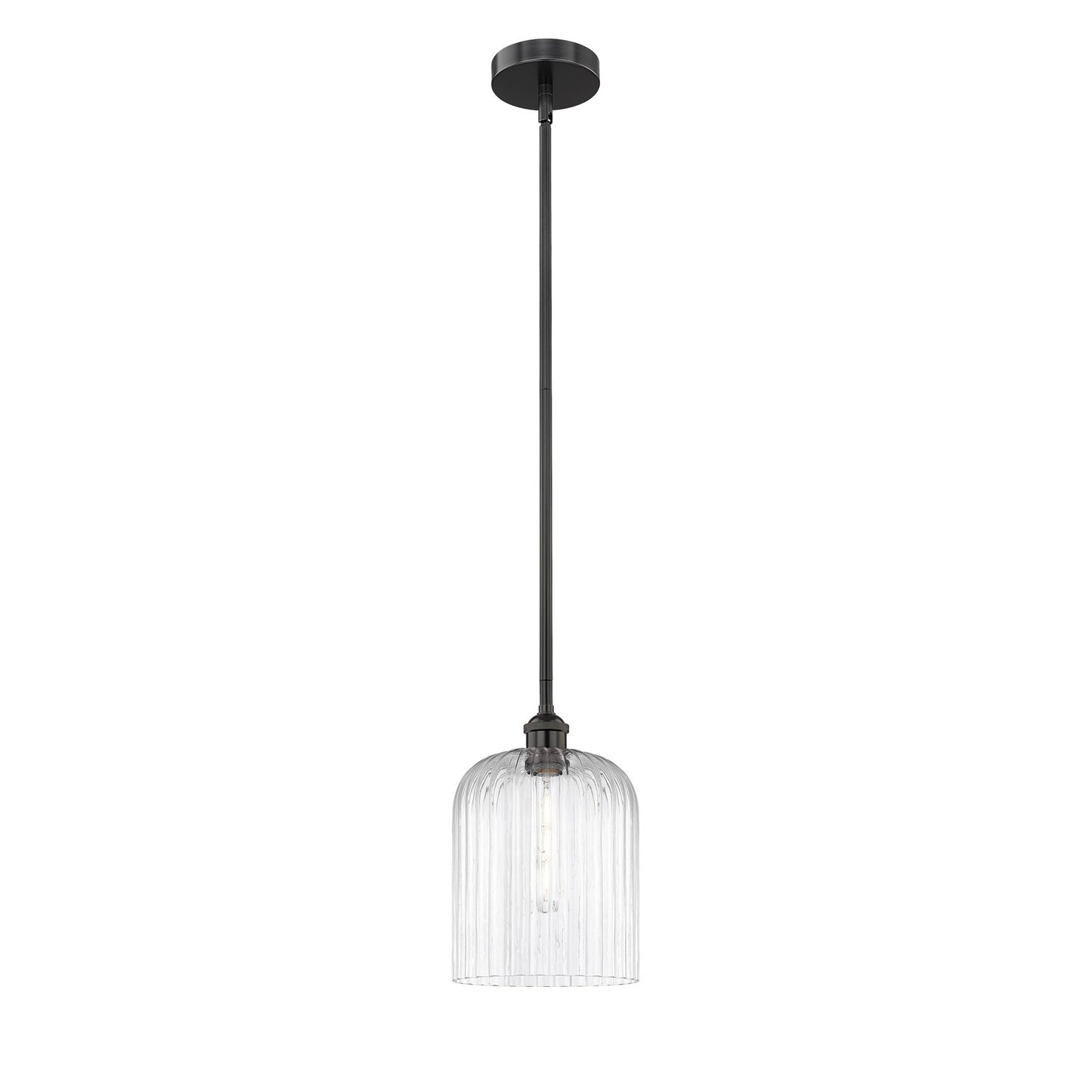 Innovations Bridal Veil 5in 1-Light Mini Pendant | Industrial Matte Black Steel and Clear Ribbed Glass | Kitchen Island & | Model 616-1S-BK-G559-8CL