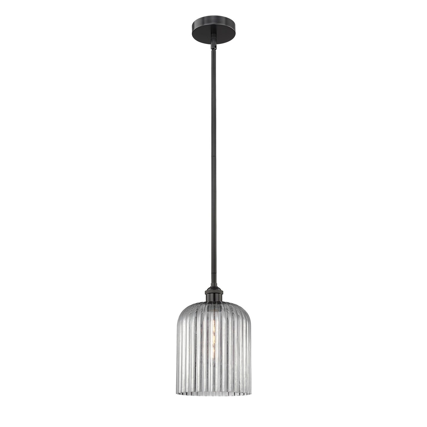 Innovations Bridal Veil 5in 1-Light Mini Pendant | Industrial Matte Black Steel and Light Smoke Ribbed Glass | Kitchen Island & | Model 616-1S-BK-G559-8SM