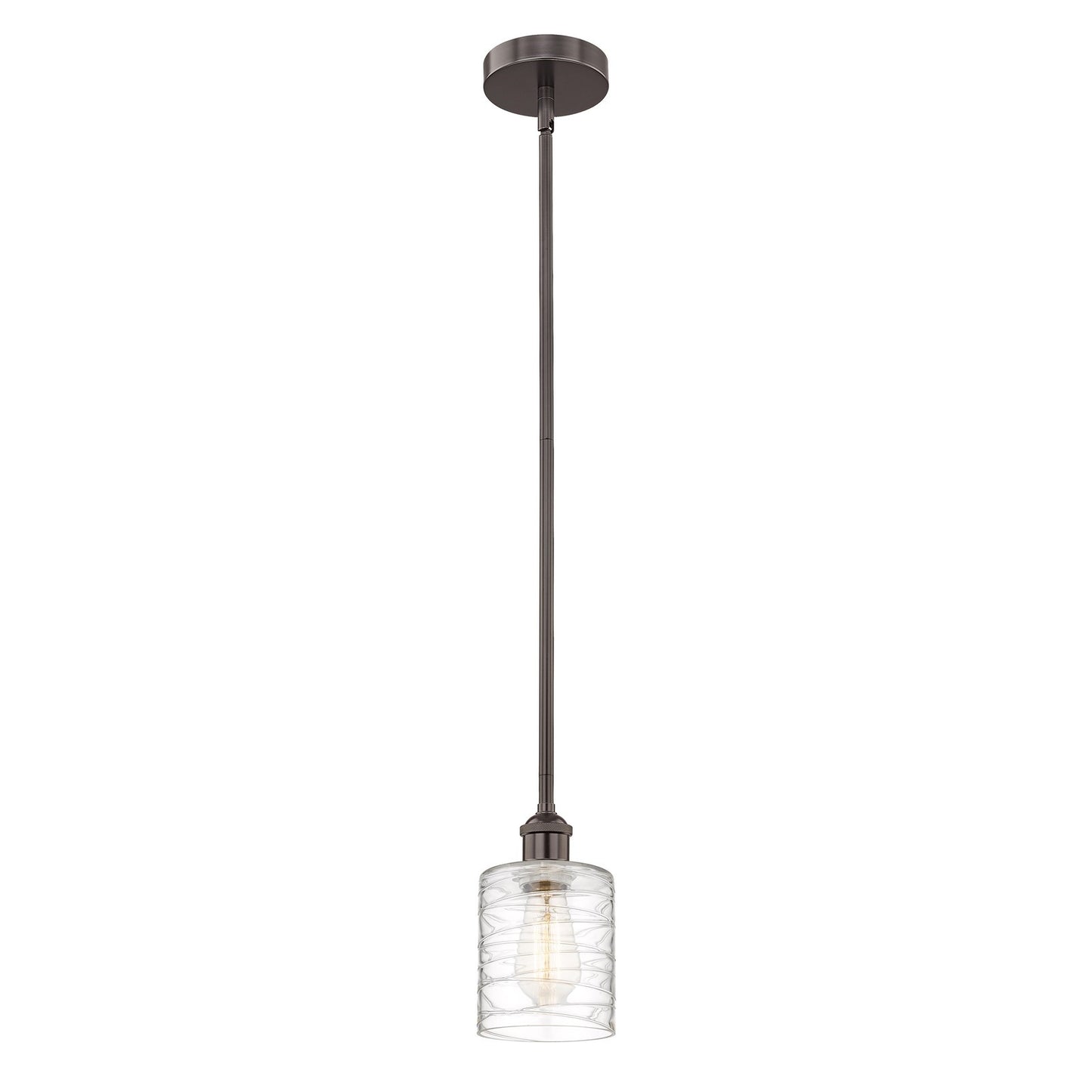 Innovations Cobbleskill 5in 1-Light Mini Pendant | Industrial Oil Rubbed Bronze Steel and Deco Swirl Clear Glass | Kitchen Island | Model 616-1S-OB-G1113