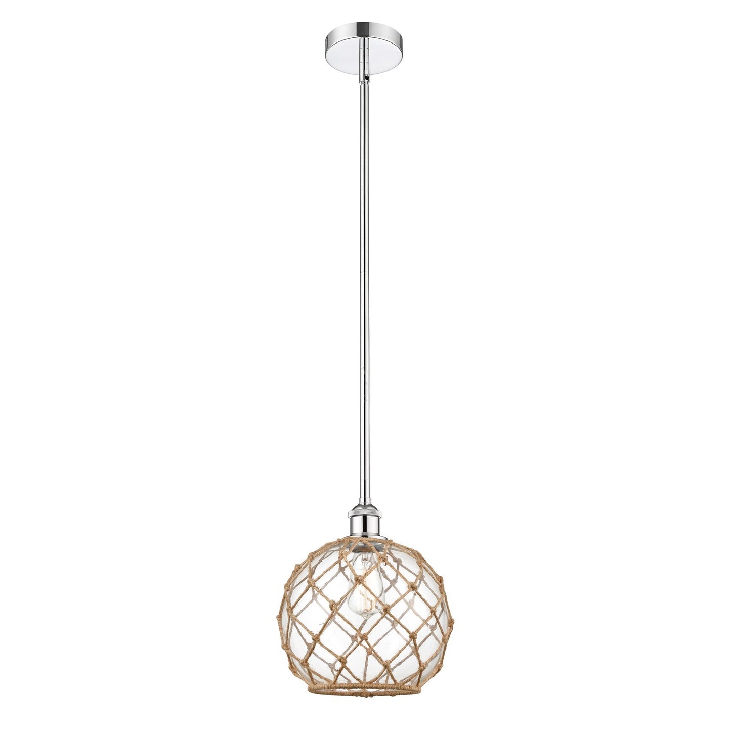 Innovations Farmhouse Rope 10in 1-Light Mini Pendant | Industrial Polished Chrome Steel and Clear Glass with Brown Rope | Model 616-1S-PC-G122-10RB-LED