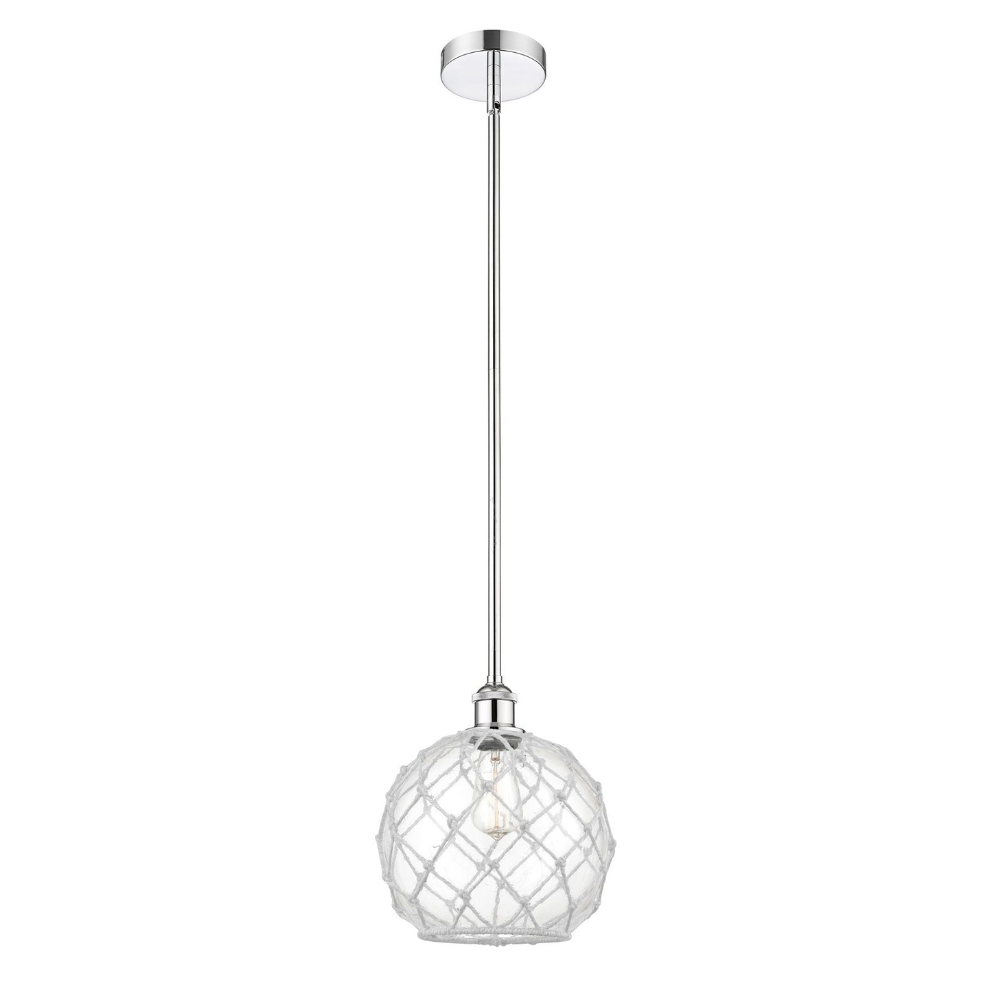 Innovations Farmhouse Rope 10in 1-Light Mini Pendant | Industrial Polished Chrome and Clear Glass with White Rope | Model 616-1S-PC-G122-10RW-LED