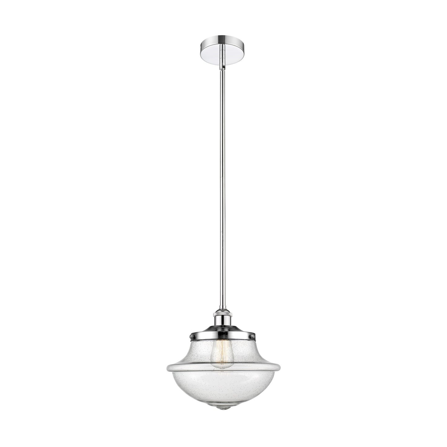 Innovations Oxford 12in 1-Light Mini Pendant | Industrial Polished Chrome Steel and Seedy Schoolhouse Glass | Kitchen Island & | Model 616-1S-PC-G544