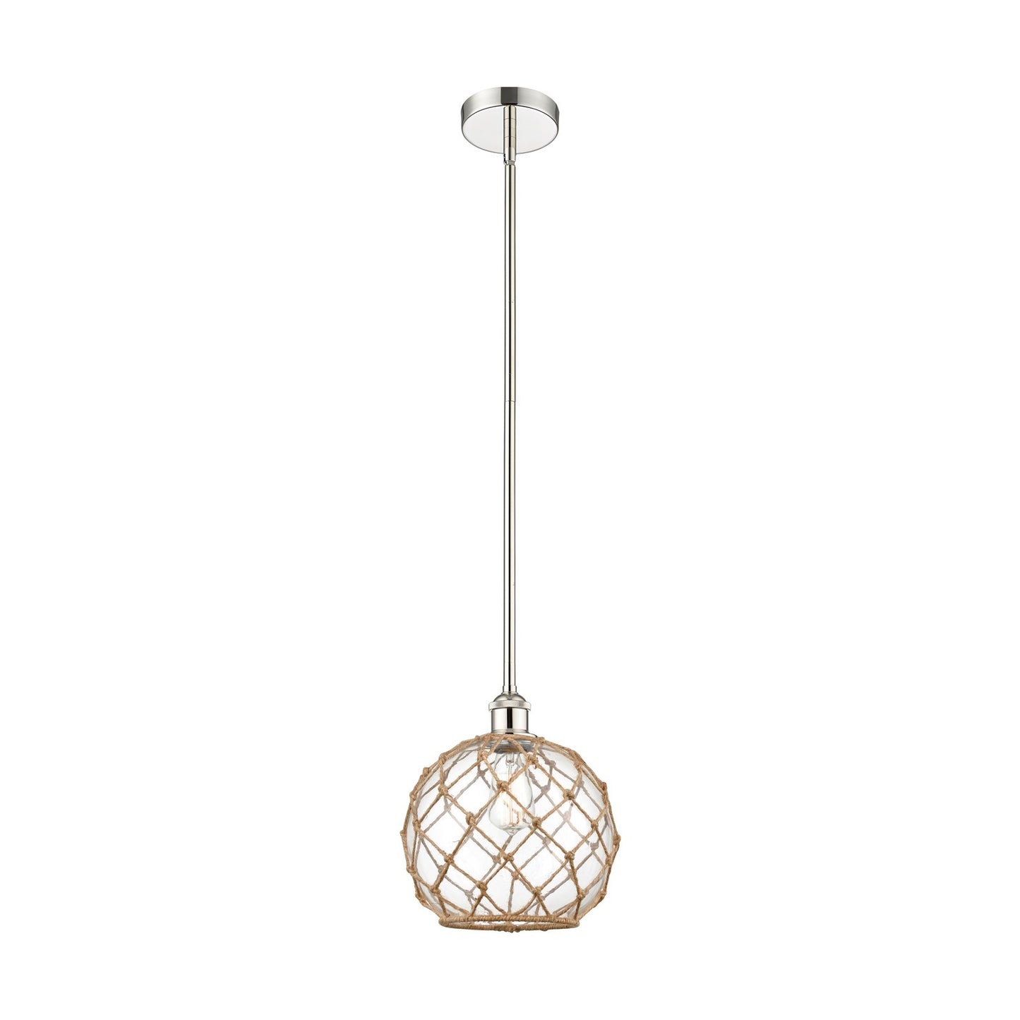 Innovations Farmhouse Rope 10in 1-Light Mini Pendant | Industrial Polished Nickel and Clear Glass with Brown Rope | Model 616-1S-PN-G122-10RB-LED