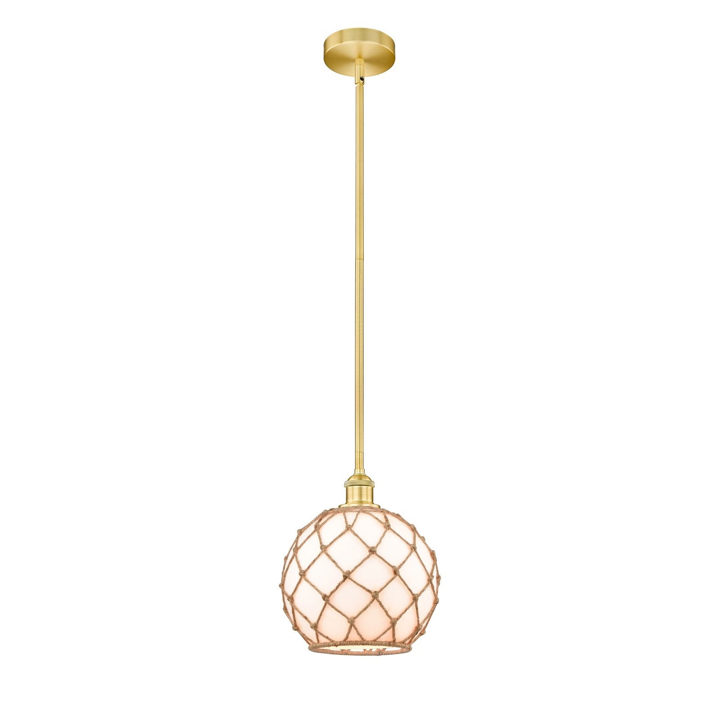 Innovations Farmhouse Rope 10in 1-Light Mini Pendant | Industrial Satin Gold Steel and Matte White Glass with Brown Rope | Model 616-1S-SG-G121-10RB-LED