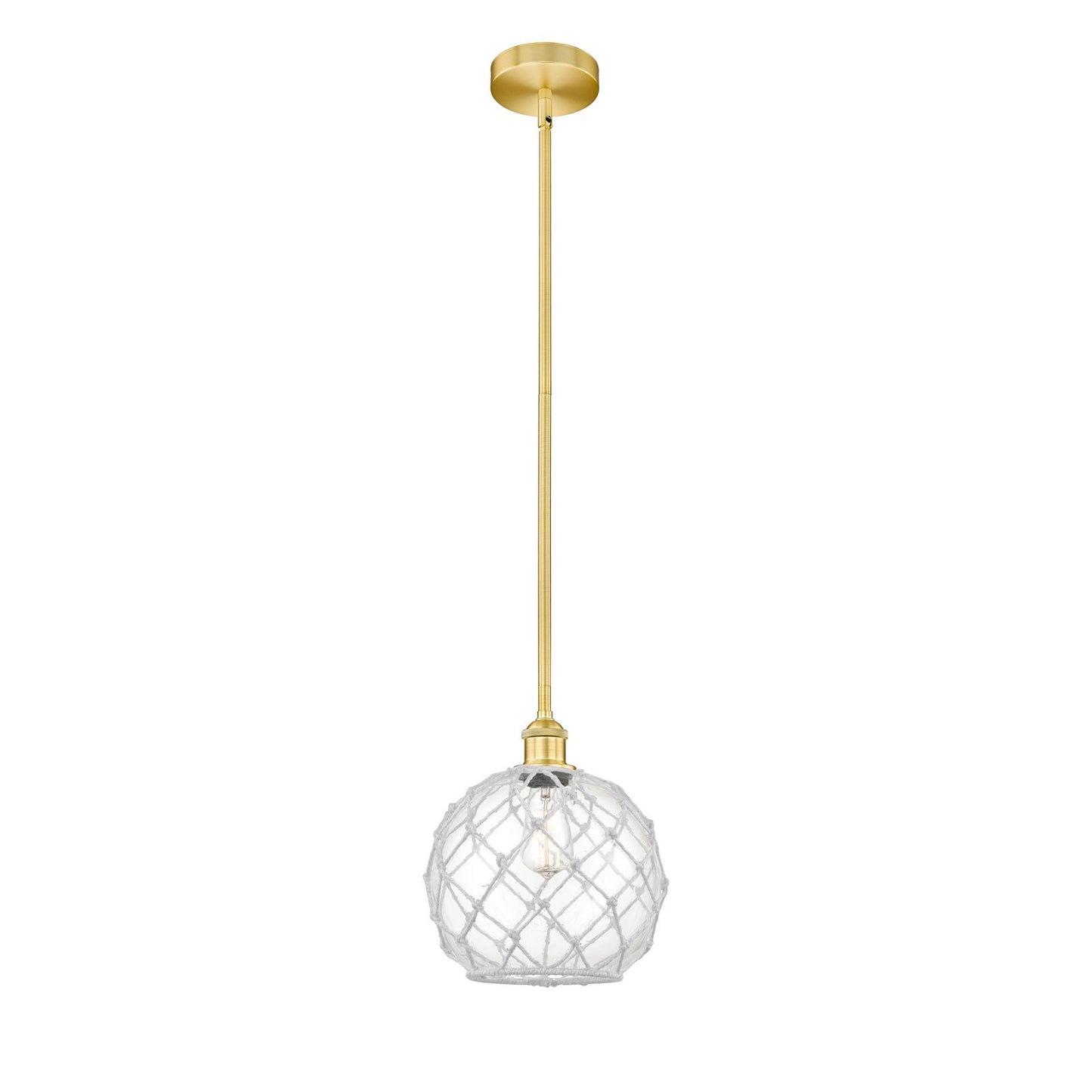Innovations Farmhouse Rope 10in 1-Light Mini Pendant | Industrial Satin Gold Steel and Clear Glass with White Rope | Kitchen | Model 616-1S-SG-G122-10RW