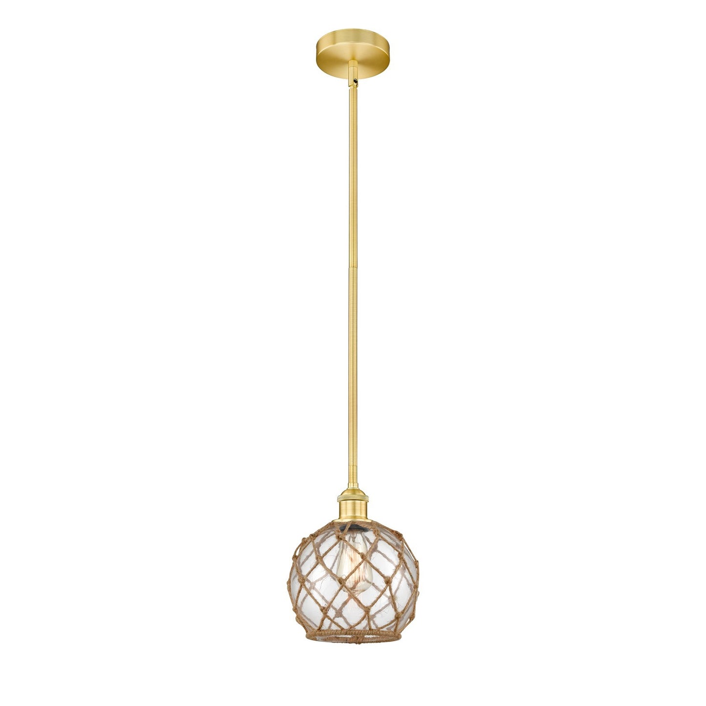 Innovations Farmhouse Rope 8in 1-Light Mini Pendant | Industrial Satin Gold Steel and Clear Glass with Brown Rope | Kitchen | Model 616-1S-SG-G122-8RB