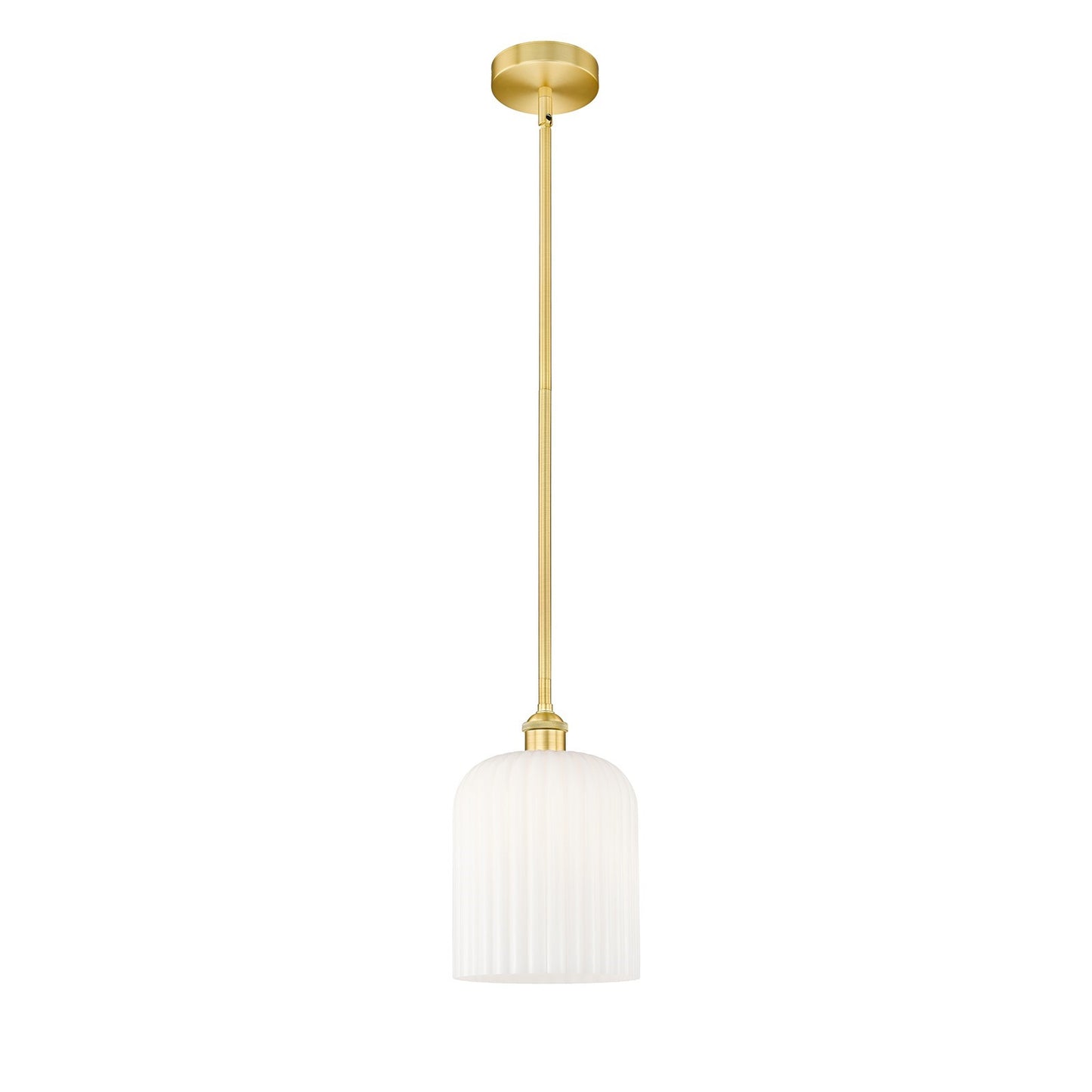Innovations Bridal Veil 5in 1-Light Mini Pendant | Art Nouveau Satin Gold Steel and Gloss White Ribbed Glass | Kitchen Island | Model 616-1S-SG-G559-8GWH