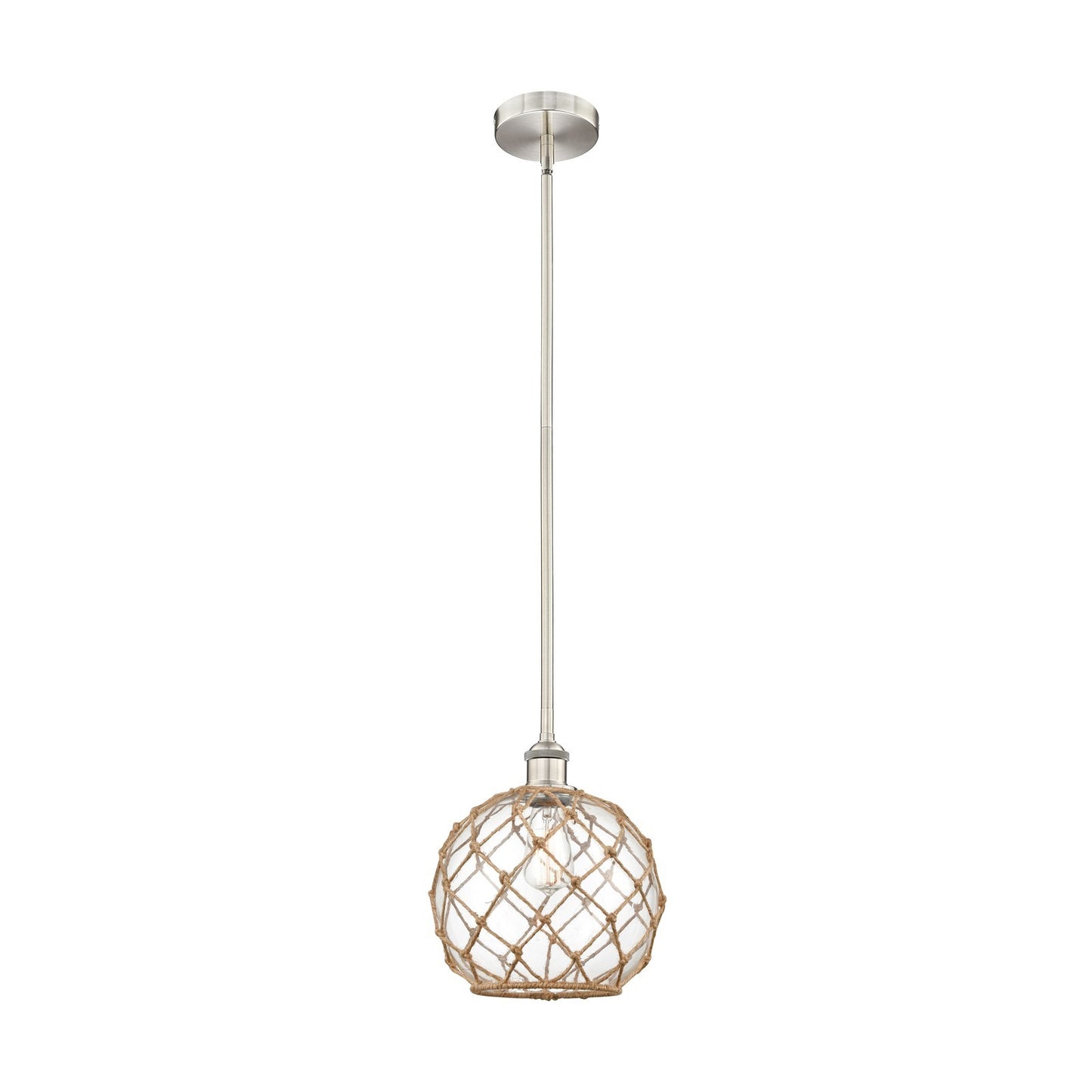 Innovations Farmhouse Rope 10in 1-Light Mini Pendant | Industrial Brushed Satin Nickel and Clear Glass with Brown Rope | Model 616-1S-SN-G122-10RB