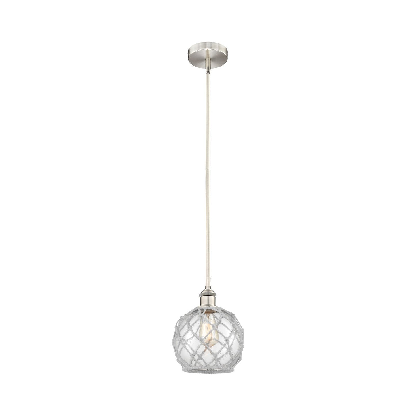 Innovations Farmhouse Rope 8in 1-Light Mini Pendant | Industrial Brushed Satin Nickel Steel and Clear Glass with White Rope | Model 616-1S-SN-G122-8RW