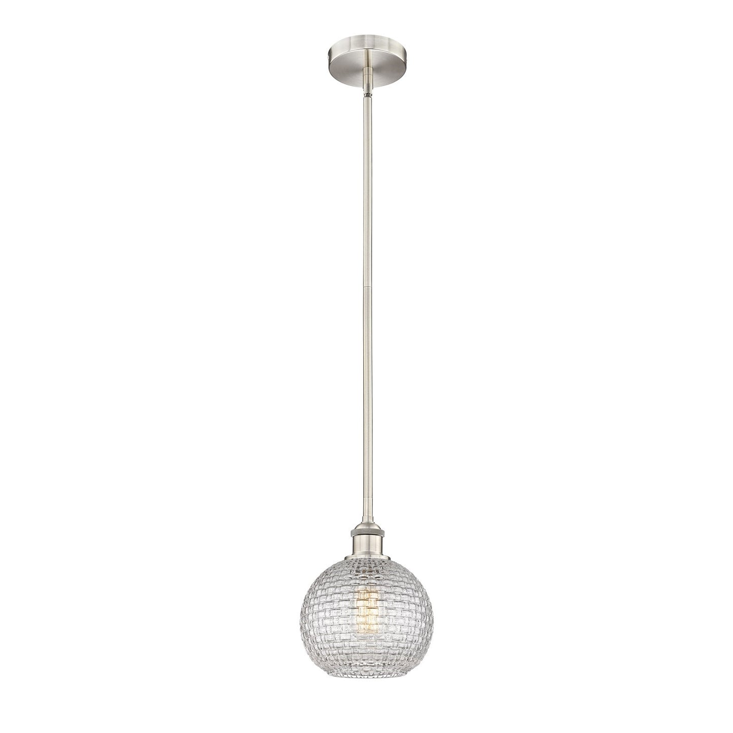 Innovations Athens 8in 1-Light Mini Pendant | Modern Farmhouse Brushed Satin Nickel Steel and Clear Basket Weave Glass | Model 616-1S-SN-G122C-8CL