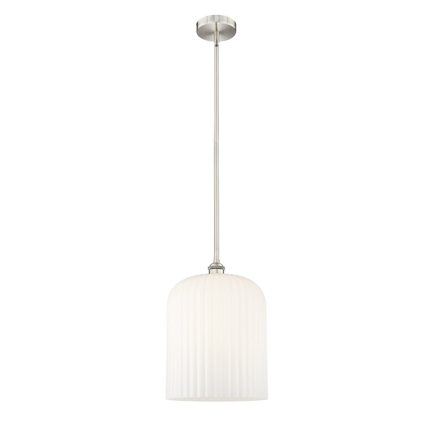 Innovations Bridal Veil 5in 1-Light Mini Pendant | Industrial Brushed Satin Nickel and Gloss White Ribbed Glass | Kitchen | Model 616-1S-SN-G559-12GWH
