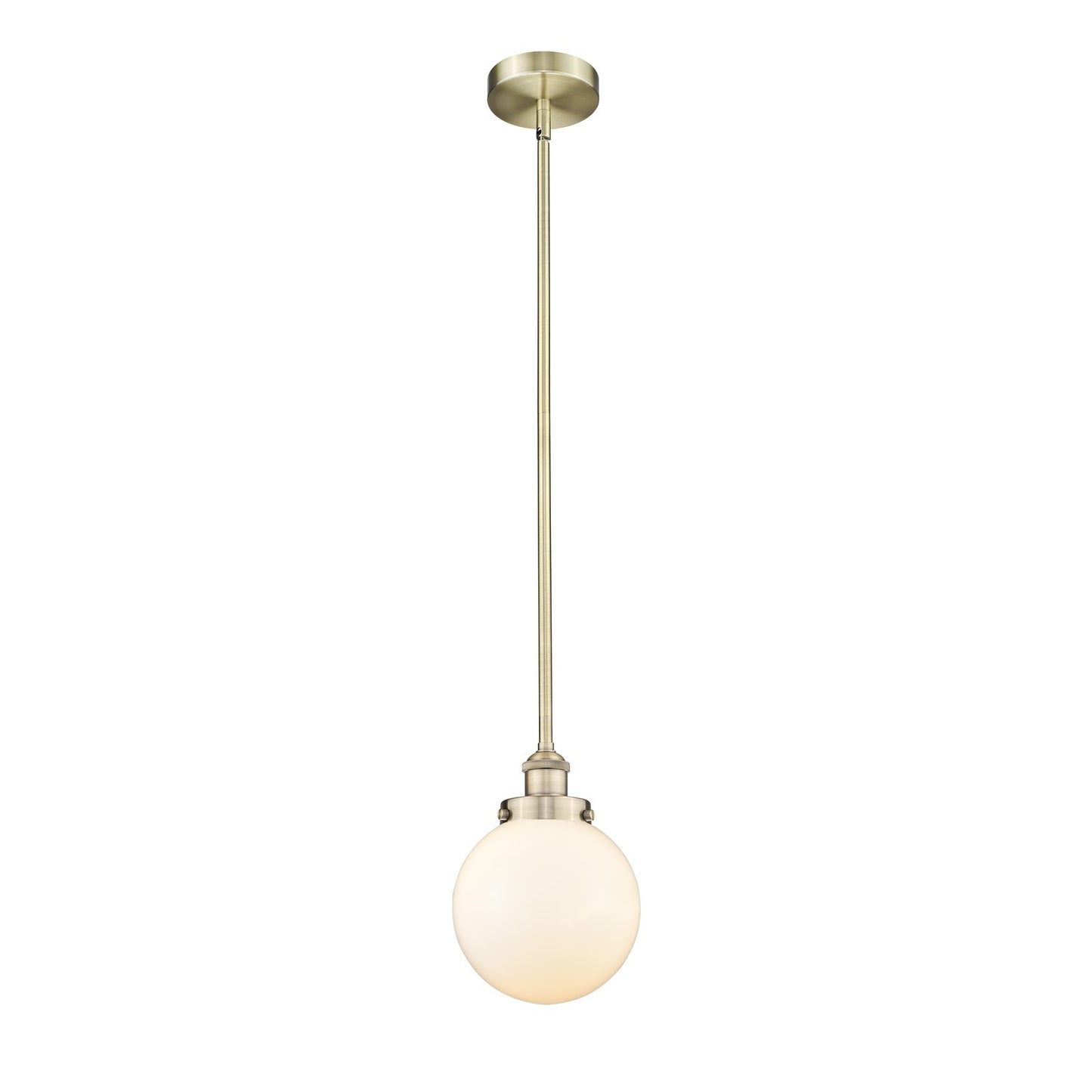 Innovations Beacon 8in 1-Light Mini Pendant | Industrial Antique Brass Steel and Matte White Frosted Glass | Kitchen Island | Model 616-1SH-AB-G201-8-LED