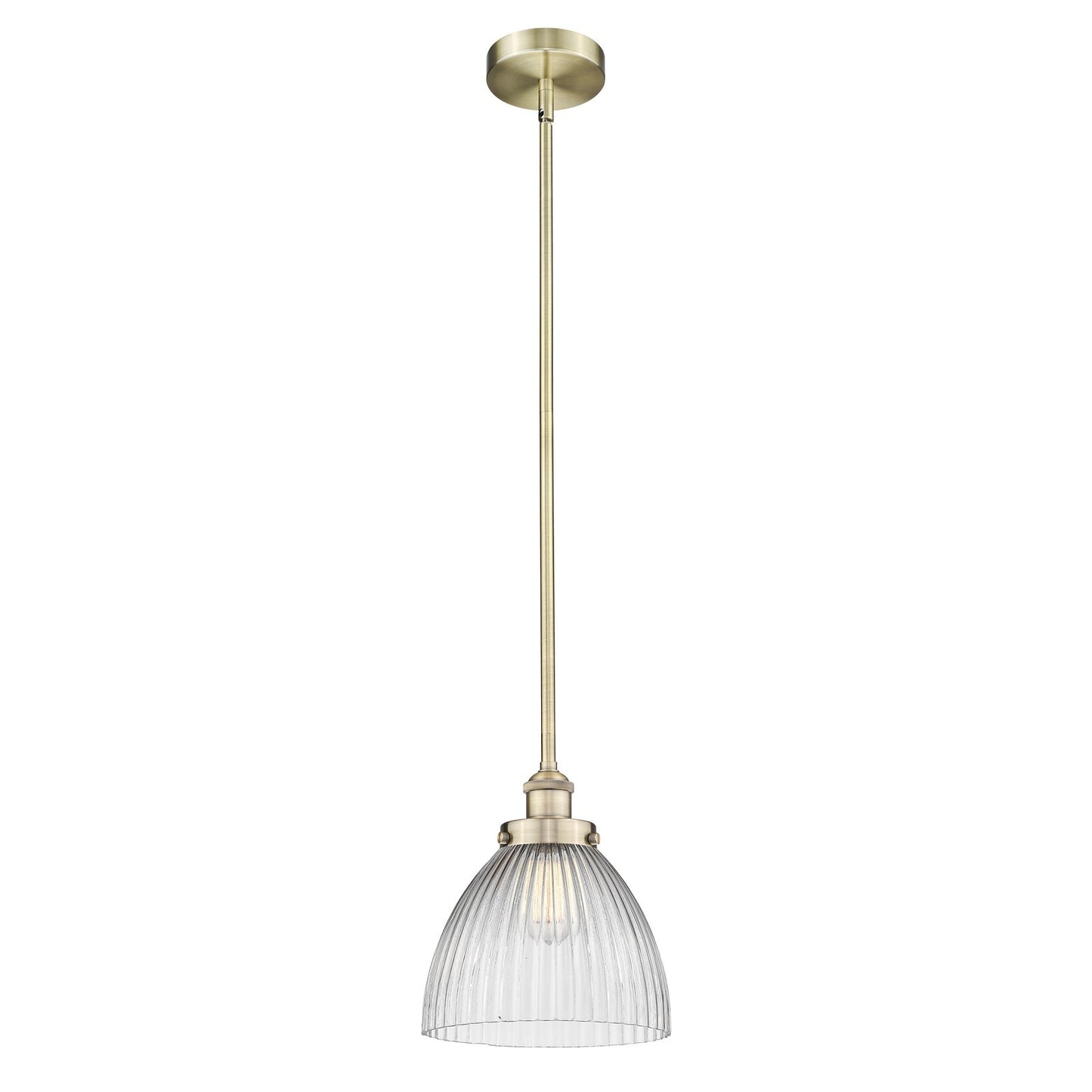Innovations Seneca Falls 9.5in 1-Light Mini Pendant | Traditional Industrial Antique Brass and Clear Halophane Glass | Kitchen | Model 616-1SH-AB-G222-LED