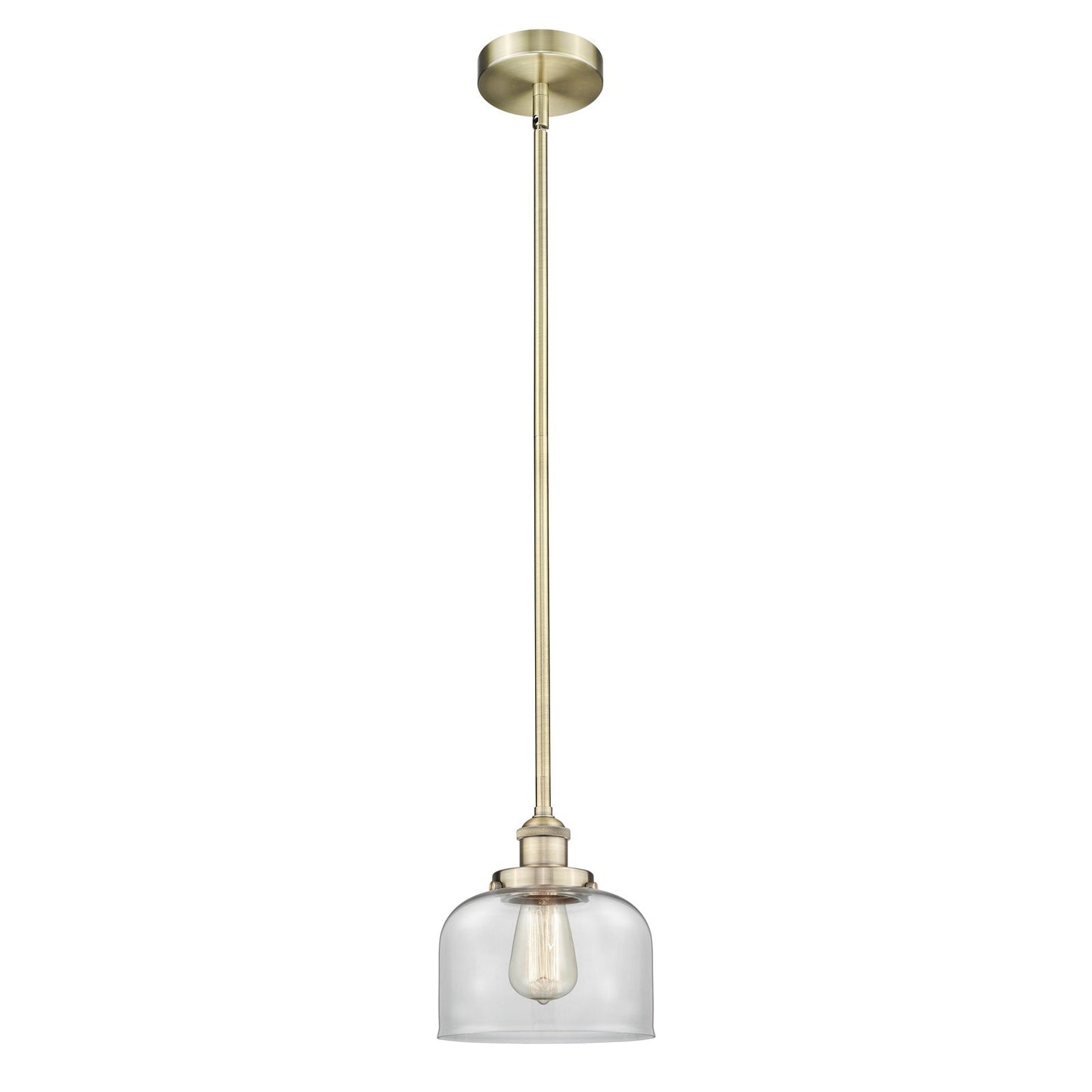 Innovations Bell 8in 1-Light Mini Pendant | Industrial Antique Brass and Clear Glass | Kitchen Island & Dining Room | 7.75 x | Model 616-1SH-AB-G72-LED