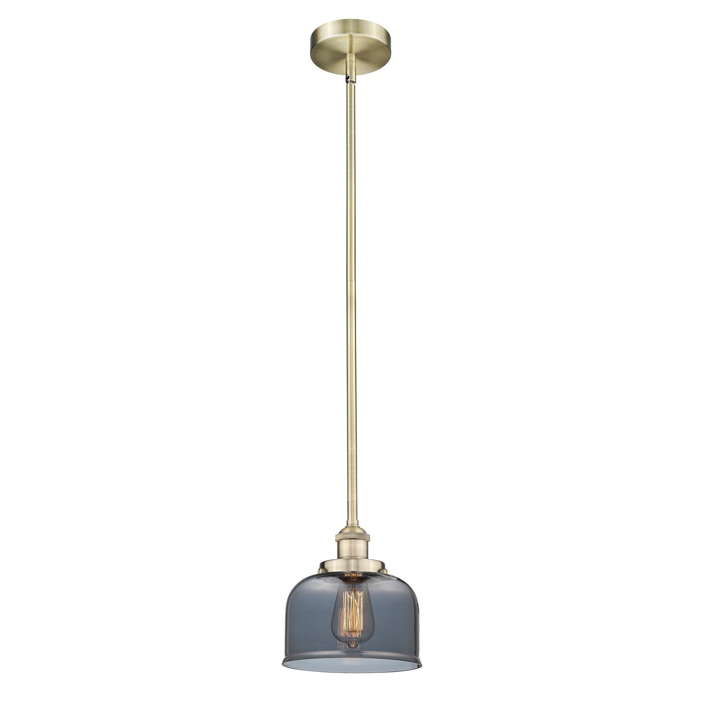 Innovations Bell 8in 1-Light Mini Pendant | Industrial Antique Brass Steel and Light Smoke Glass | Kitchen Island | 7.75 x 7.75 | Model 616-1SH-AB-G73-LED