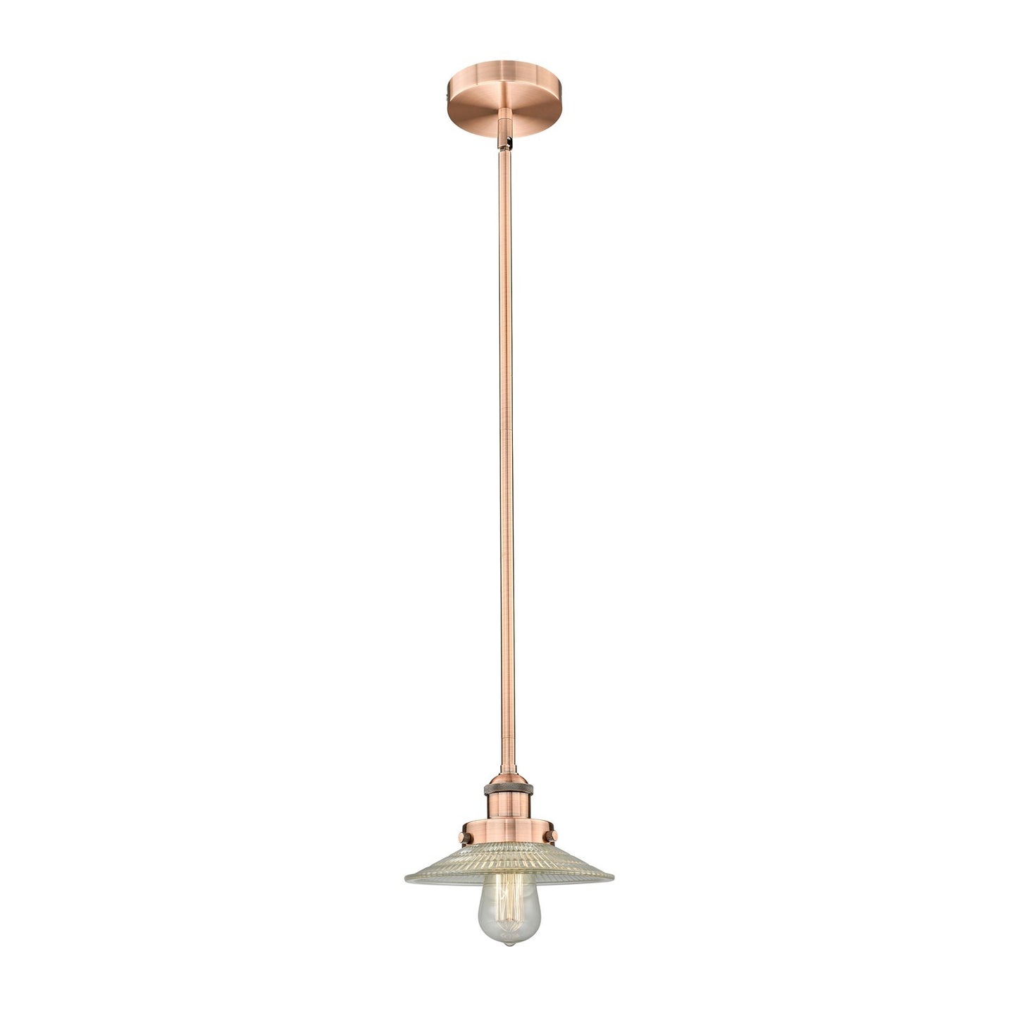 Innovations Halophane 9in 1-Light Mini Pendant | Industrial Antique Copper Steel and Clear Halophane Glass | Kitchen Island & | Model 616-1SH-AC-G2-LED