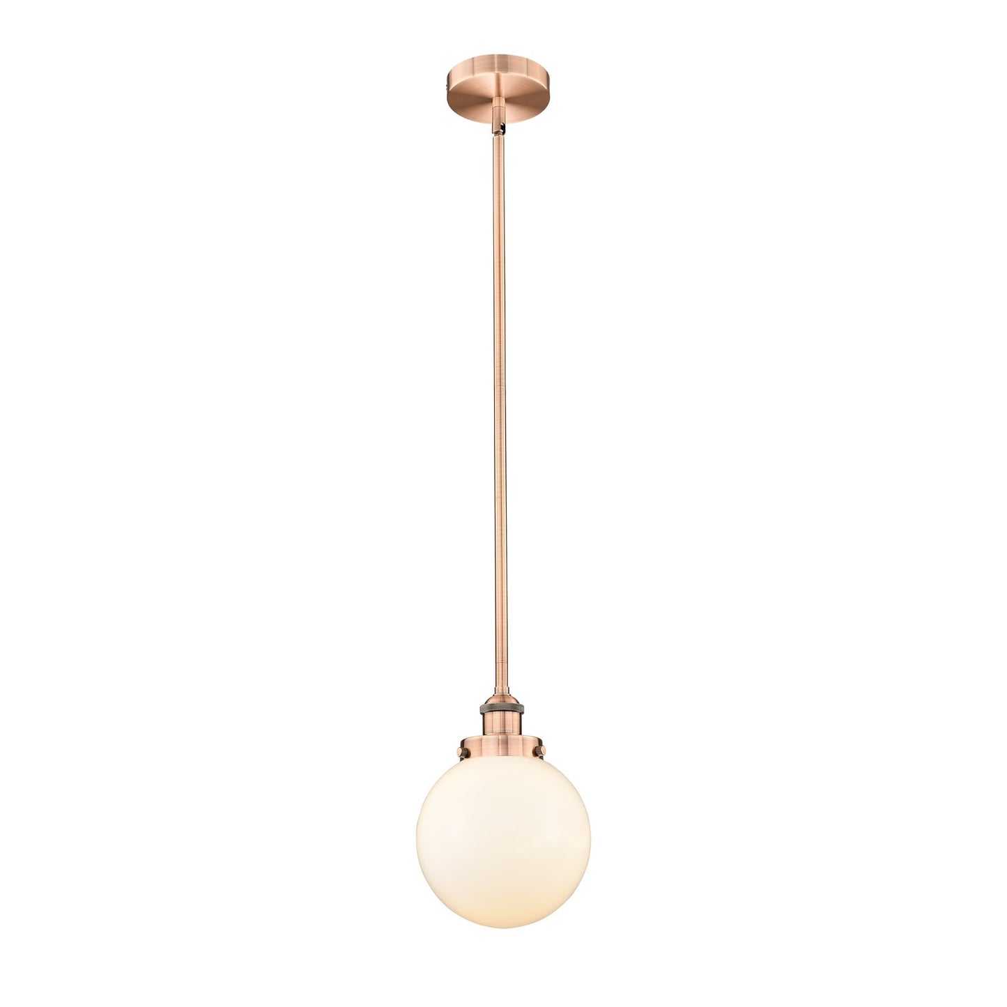 Innovations Beacon 8in 1-Light Mini Pendant | Industrial Antique Copper Steel and Matte White Frosted Glass | Kitchen Island & | Model 616-1SH-AC-G201-8