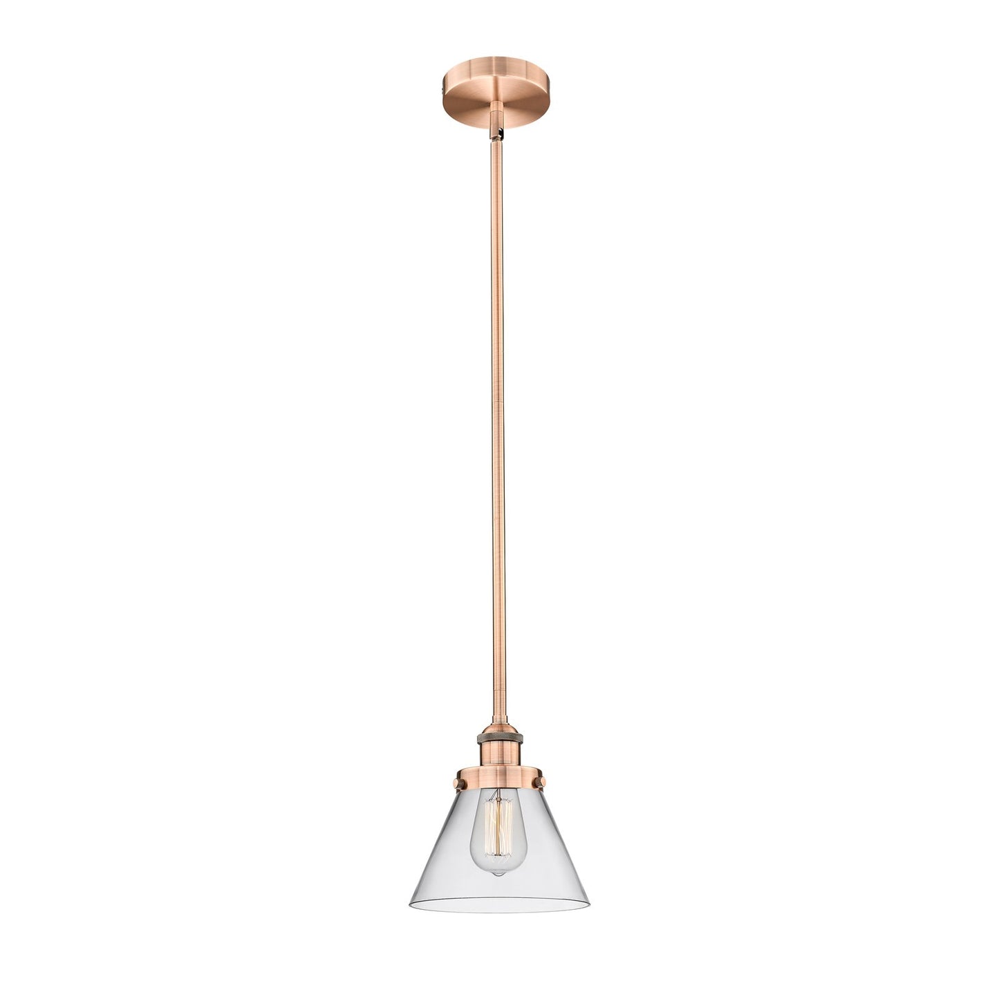 Innovations Cone 8in 1-Light Mini Pendant | Industrial Antique Copper Steel and Clear Glass | Kitchen Island & Dining Room | Model 616-1SH-AC-G42-LED