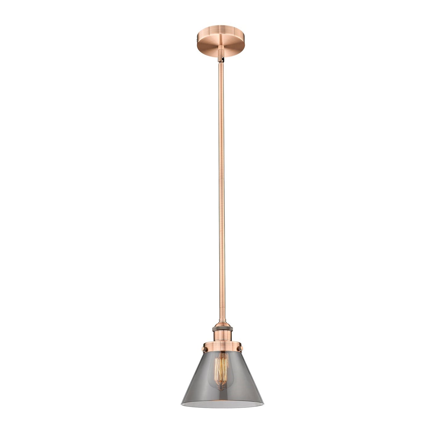 Innovations Cone 1-Light 8in Mini Pendant | Industrial Farmhouse Antique Copper Steel and Light Smoke Glass | Kitchen Island & | Model 616-1SH-AC-G43-LED