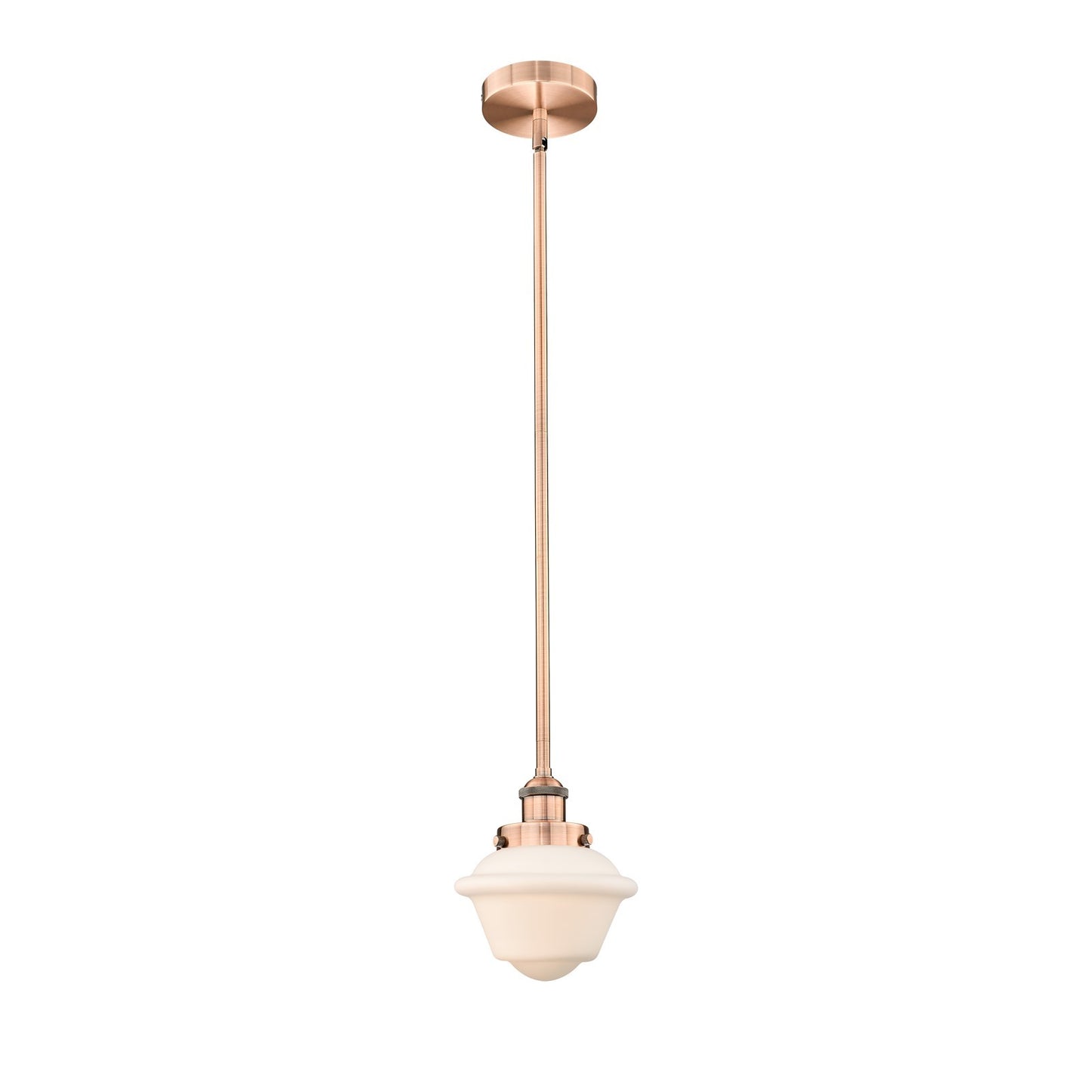 Innovations Oxford 7.25in 1-Light Mini Pendant | Traditional Antique Copper and Matte White Frosted Glass | Kitchen Island & | Model 616-1SH-AC-G531-LED