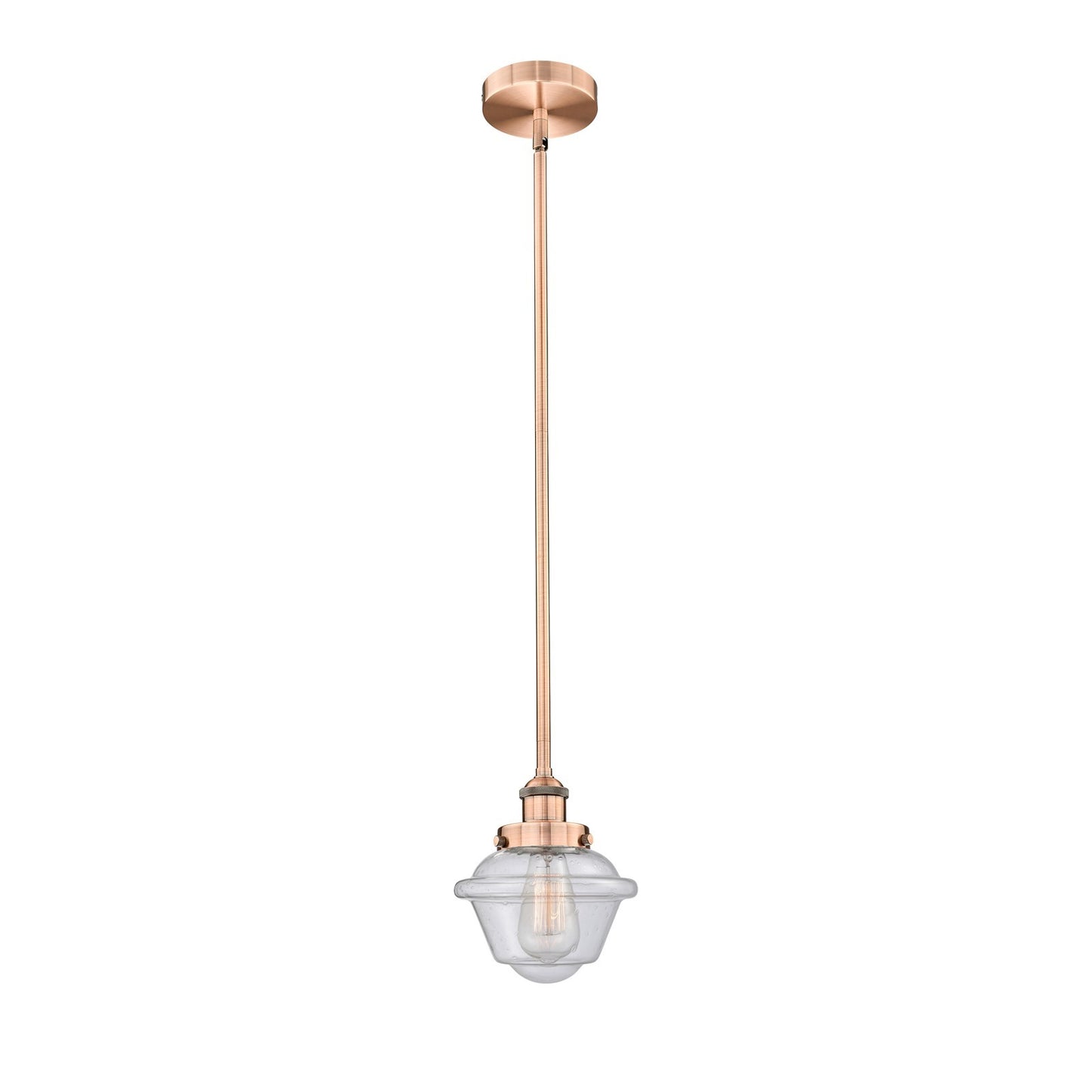 Innovations Oxford 7.25in 1-Light Mini Pendant | Traditional Antique Copper Steel and Seedy Schoolhouse Glass | Kitchen Island & | Model 616-1SH-AC-G534