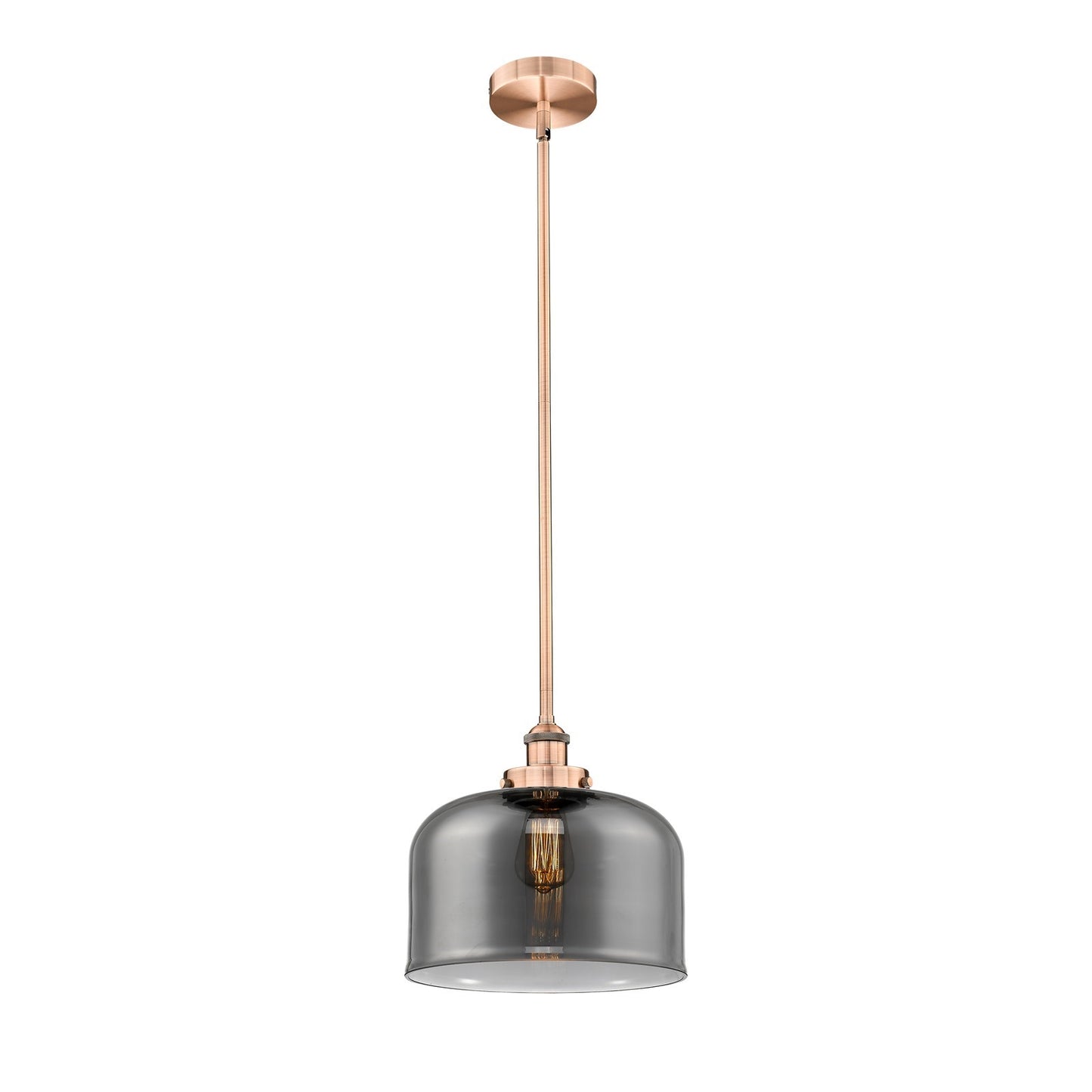 Innovations Bell 12in 1-Light Mini Pendant | Industrial Farmhouse Antique Copper and Light Smoke Glass | Kitchen Island & | Model 616-1SH-AC-G73-L-LED